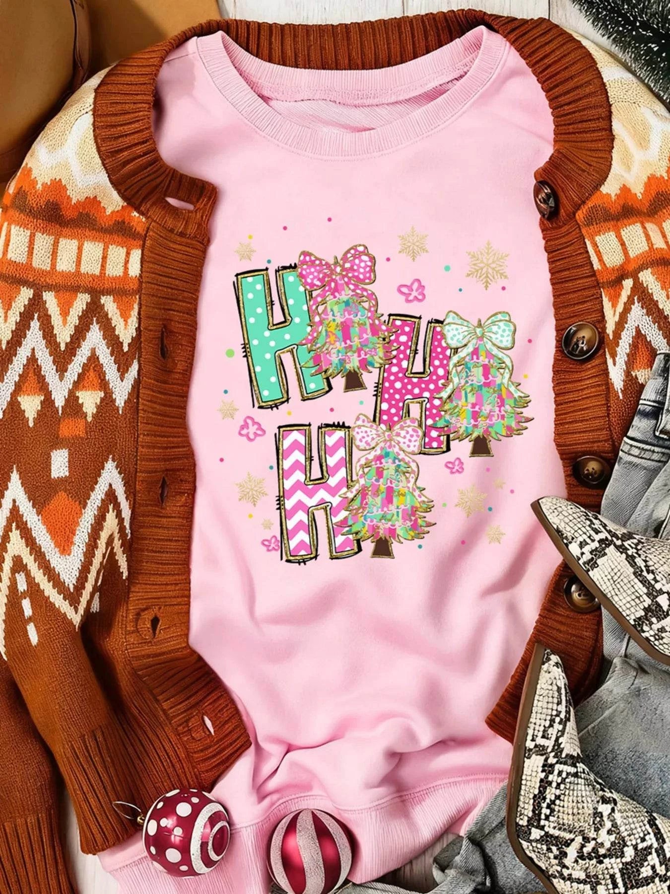 HO HO HO Christmas Tree Graphic Pullover Sweatshirt