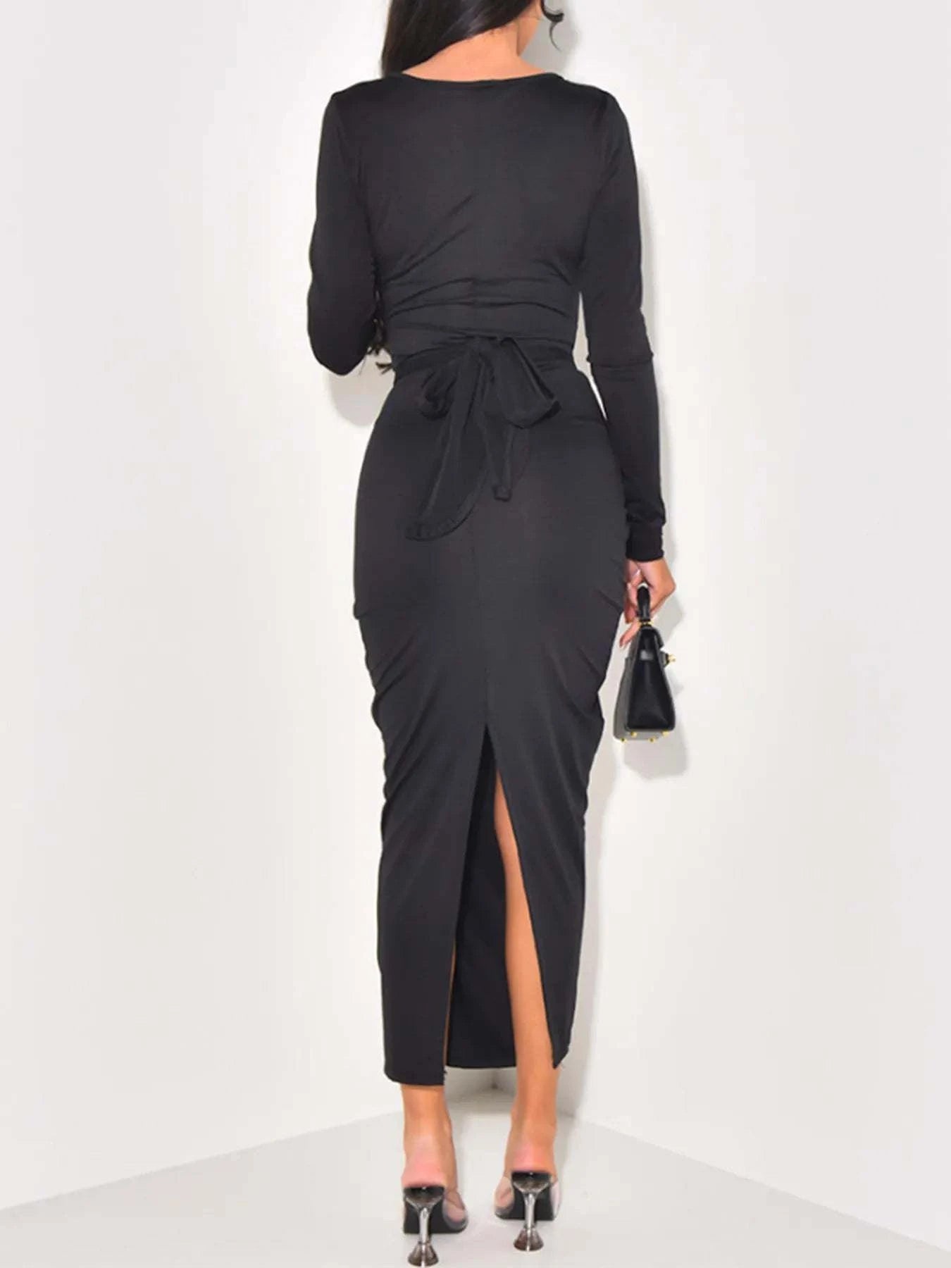 Long Sleeve Tie-Front Bodycon Maxi Dress