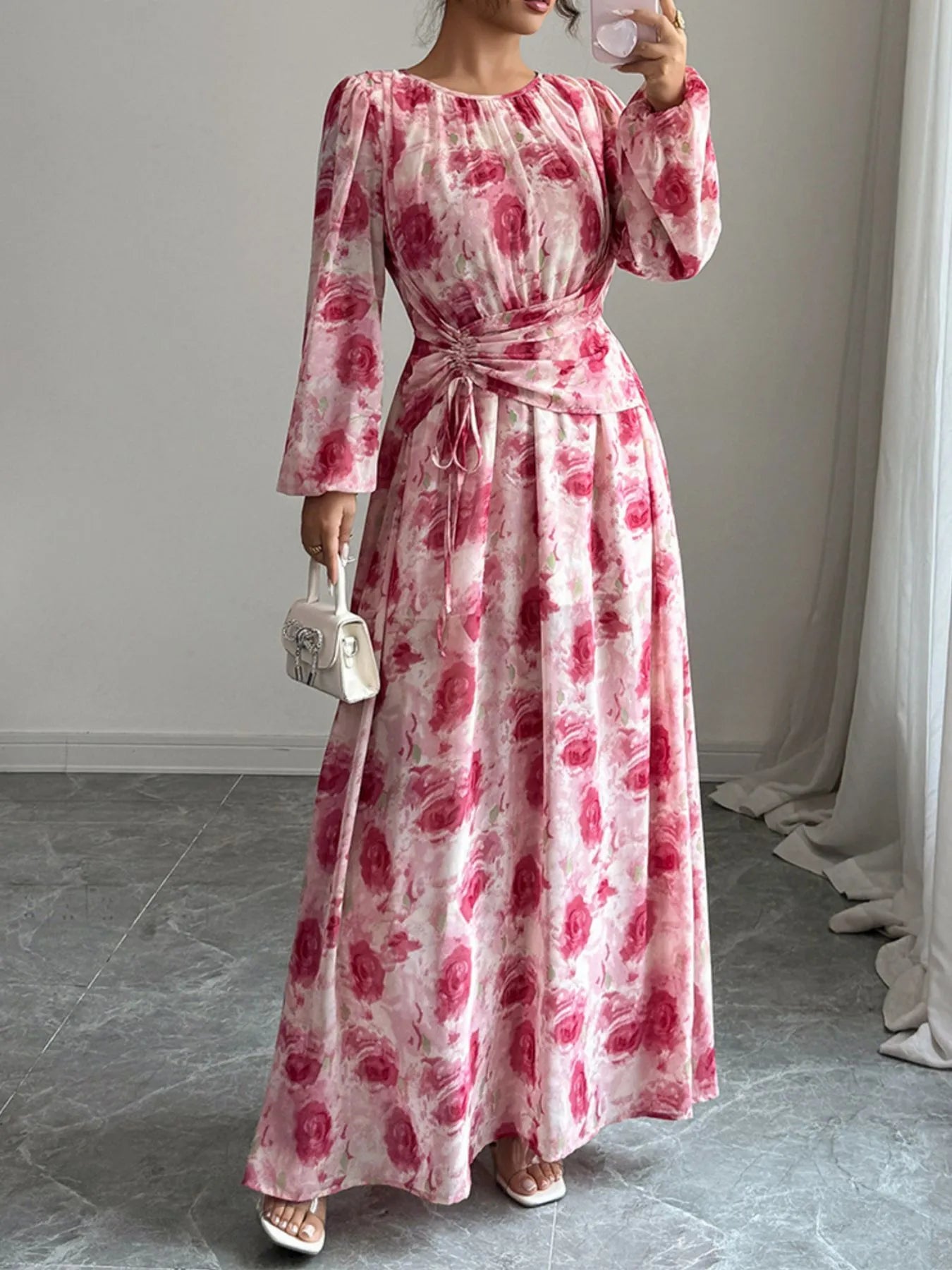 Floral Long Sleeve Maxi Dress with Drawstring Detail