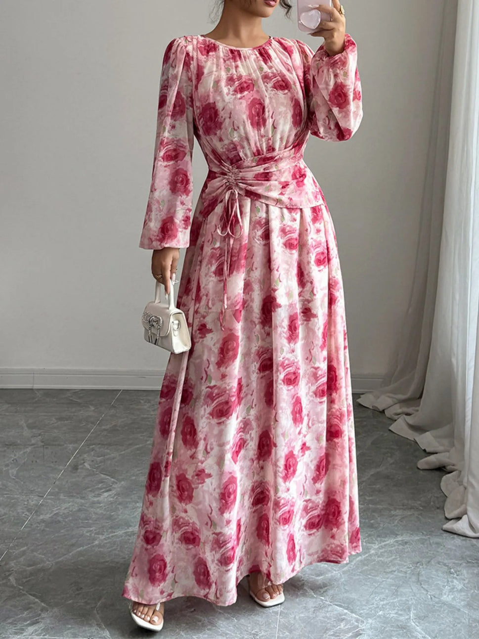 Floral Long Sleeve Maxi Dress with Drawstring Detail