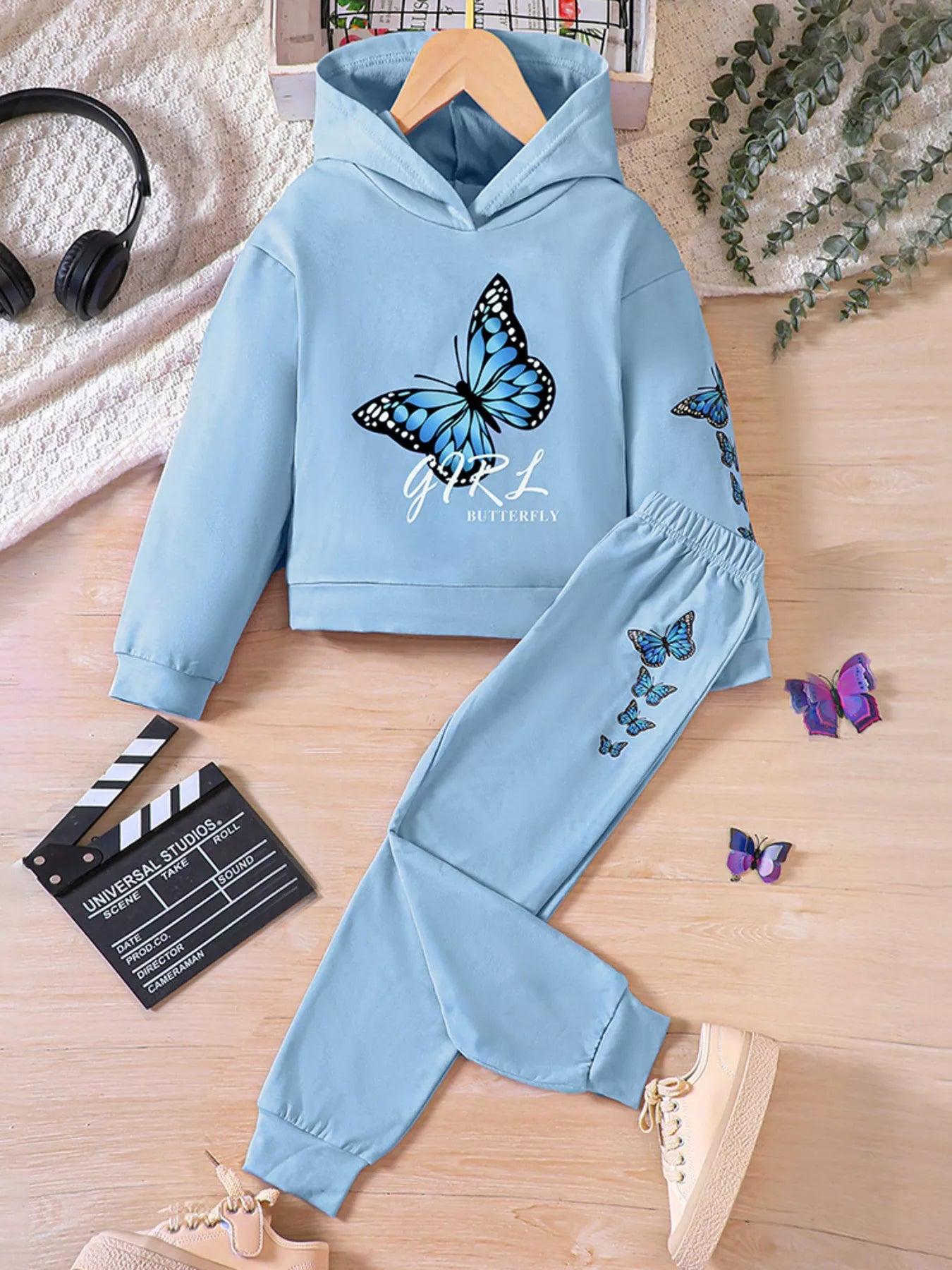Childrens's Butterfly Print Hoodie & Pants Set