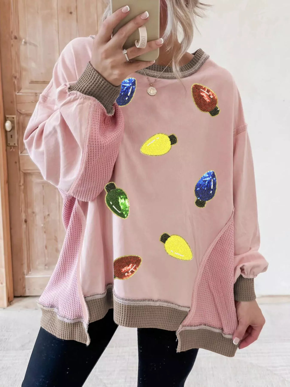 Waffle Color Block Patchwork Sequin Christmas Light Bulb Loose Sweatshirt