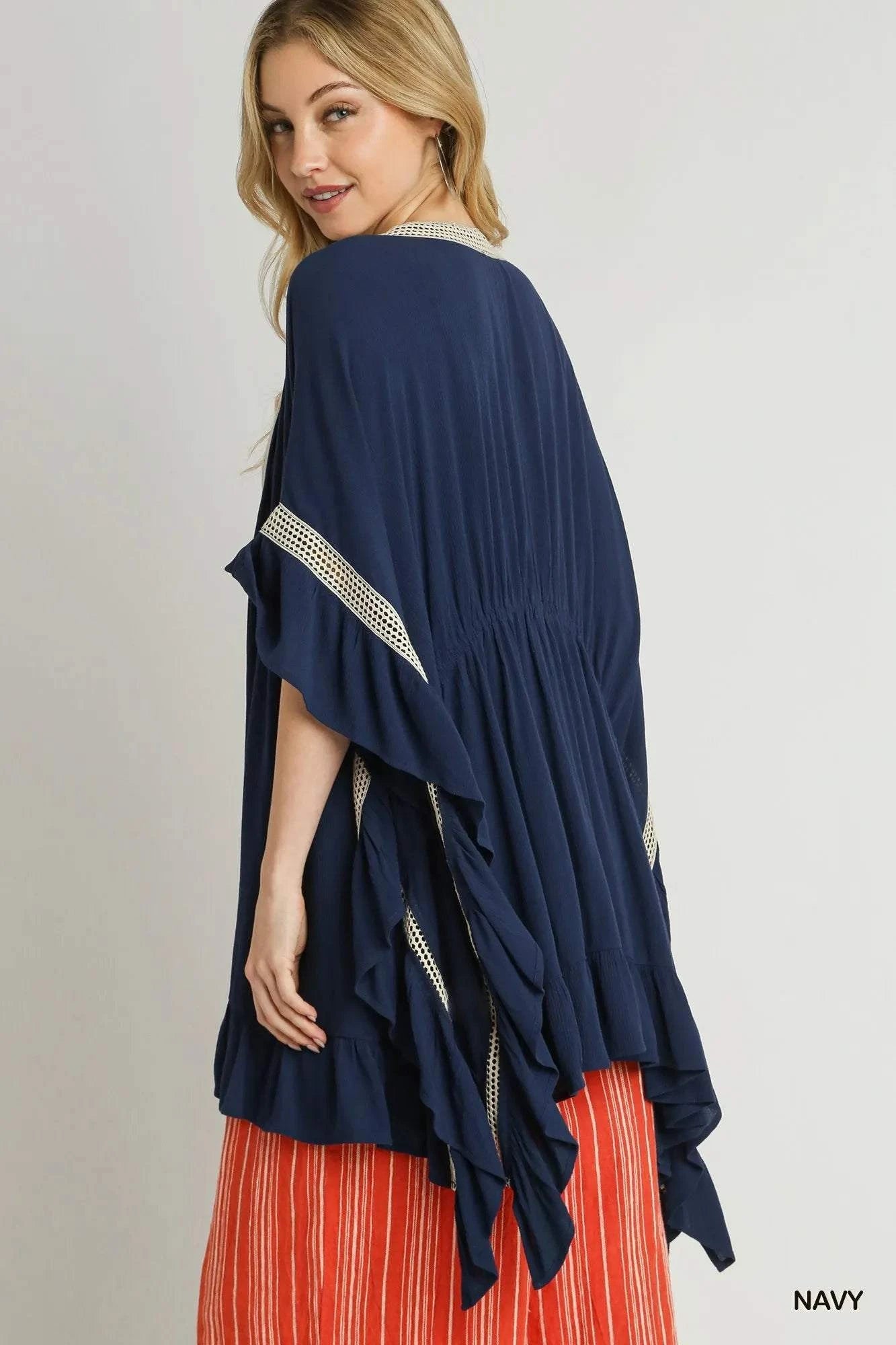 Umgee Ruffle Trim Kimono with Crochet Accent