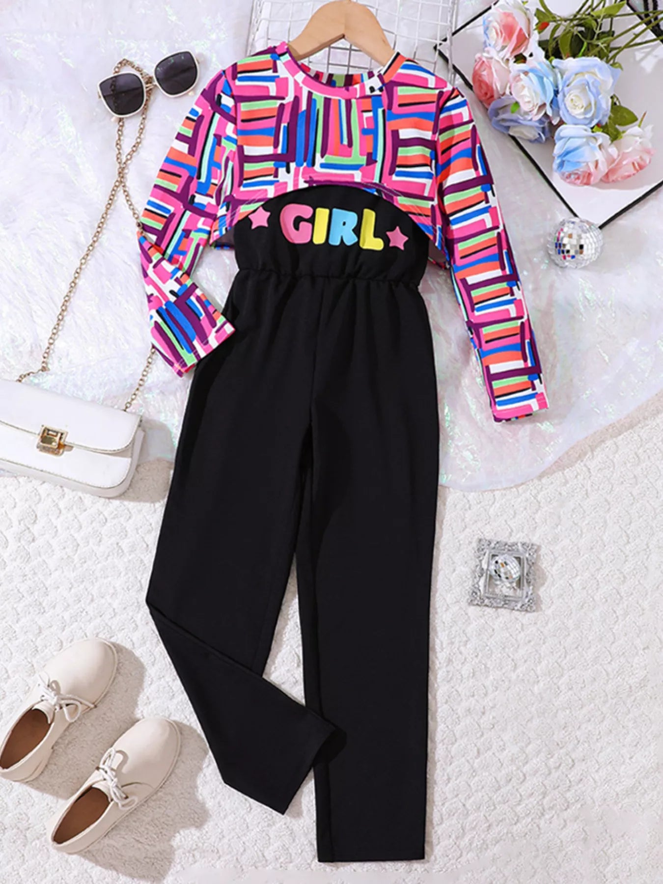 Children's Colorful Geometric Print Top & Jumpsuit Set
