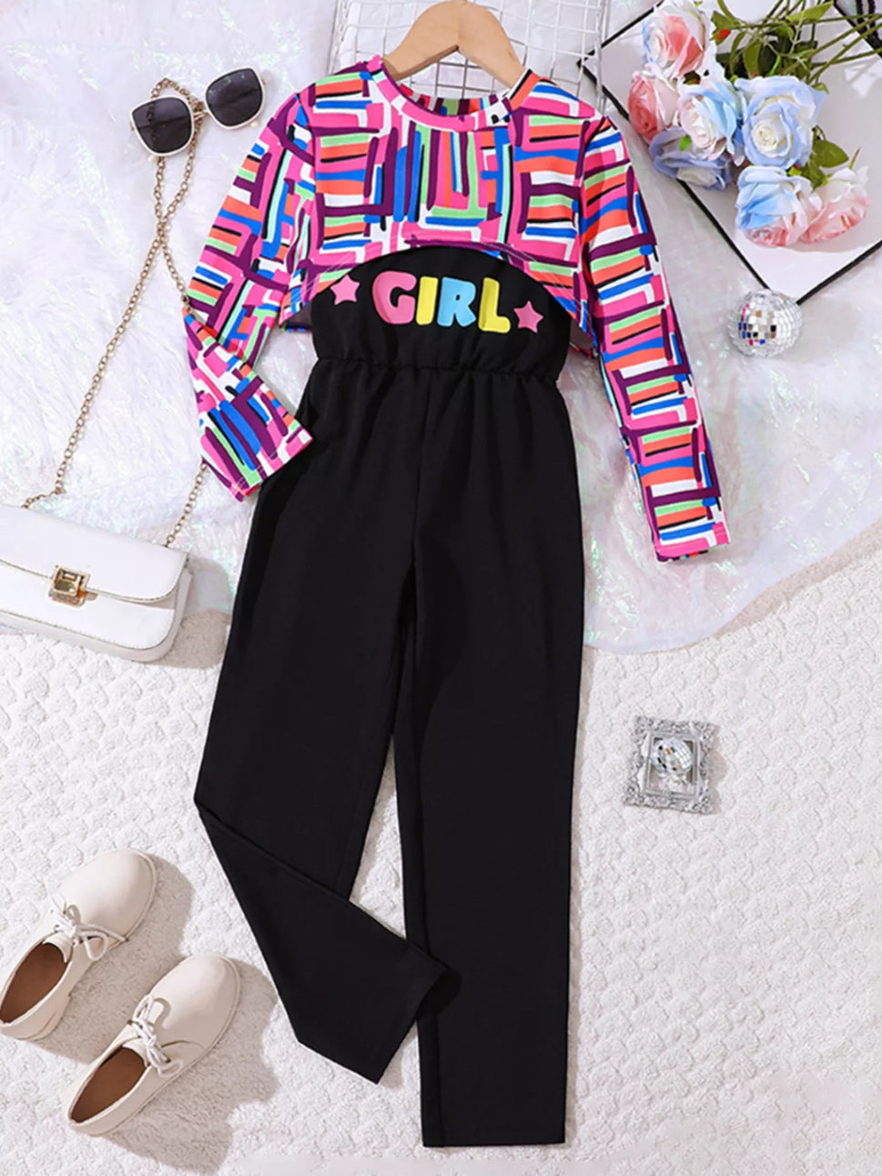 Children's Colorful Geometric Print Top & Jumpsuit Set