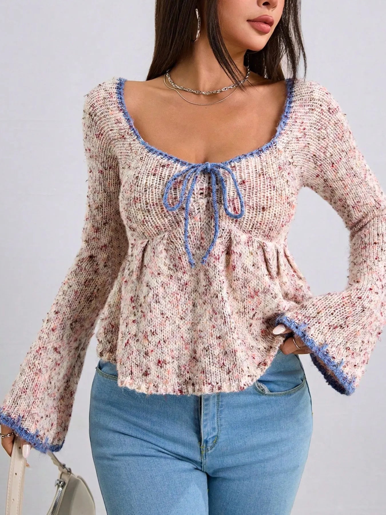 Tie Front Flare Sleeve Sweater