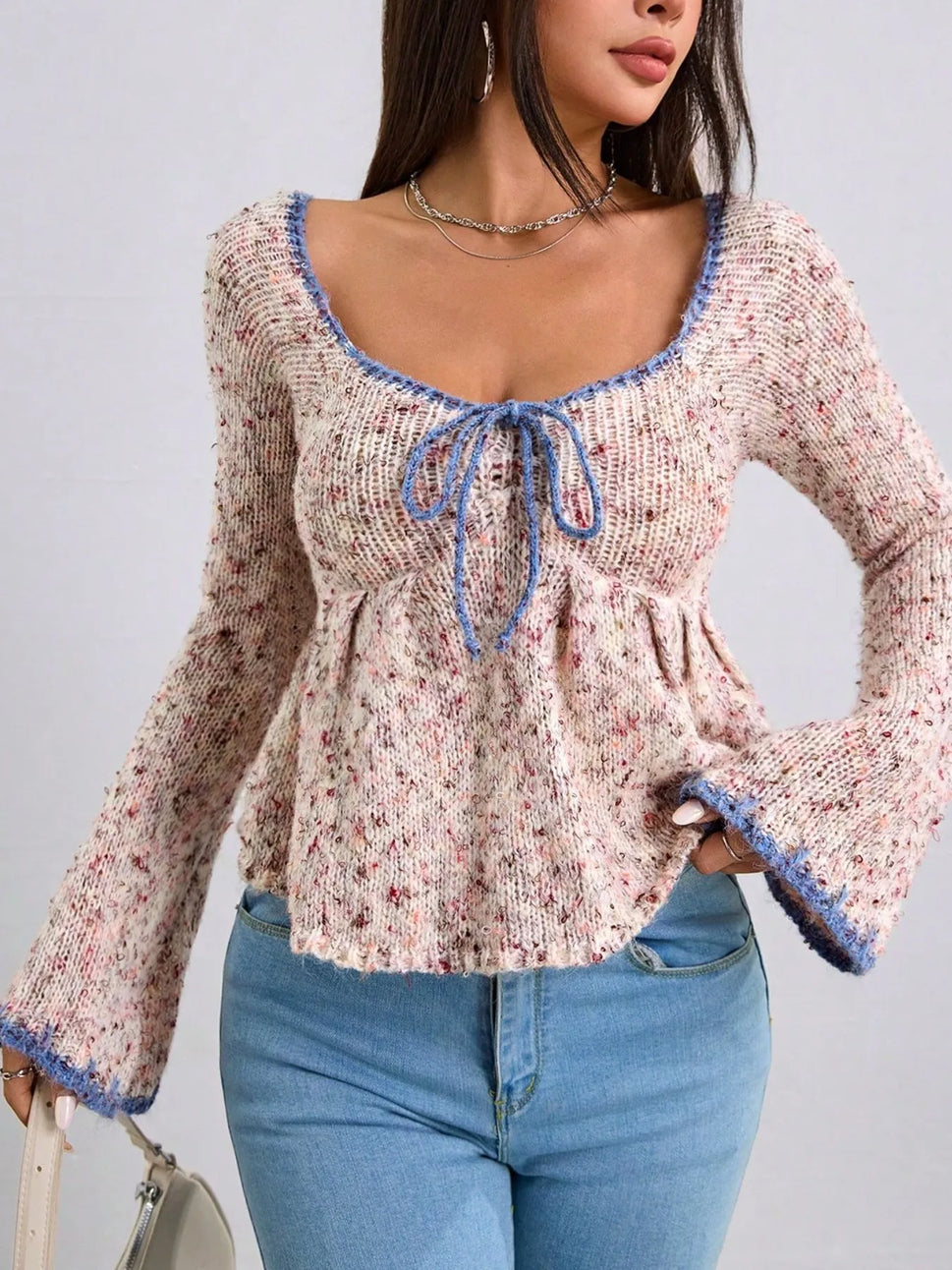 Tie Front Flare Sleeve Sweater