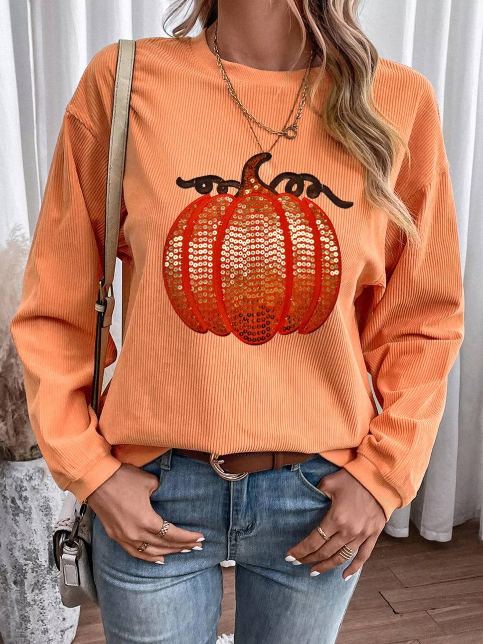 Halloween Sequined Pumpkin Ribbed Round Neck Sweatshirt