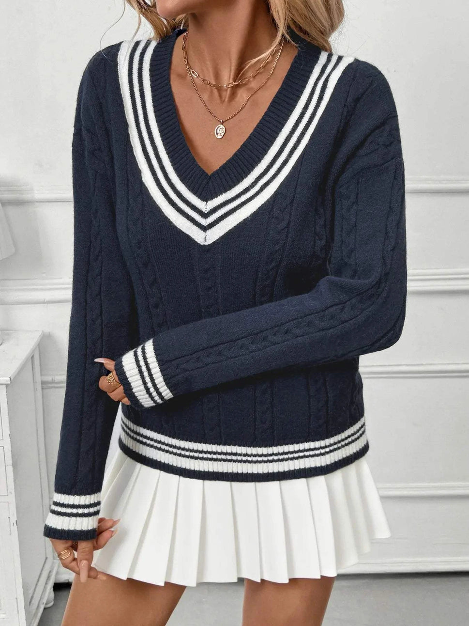 Contrast Striped V-Neck Sweater