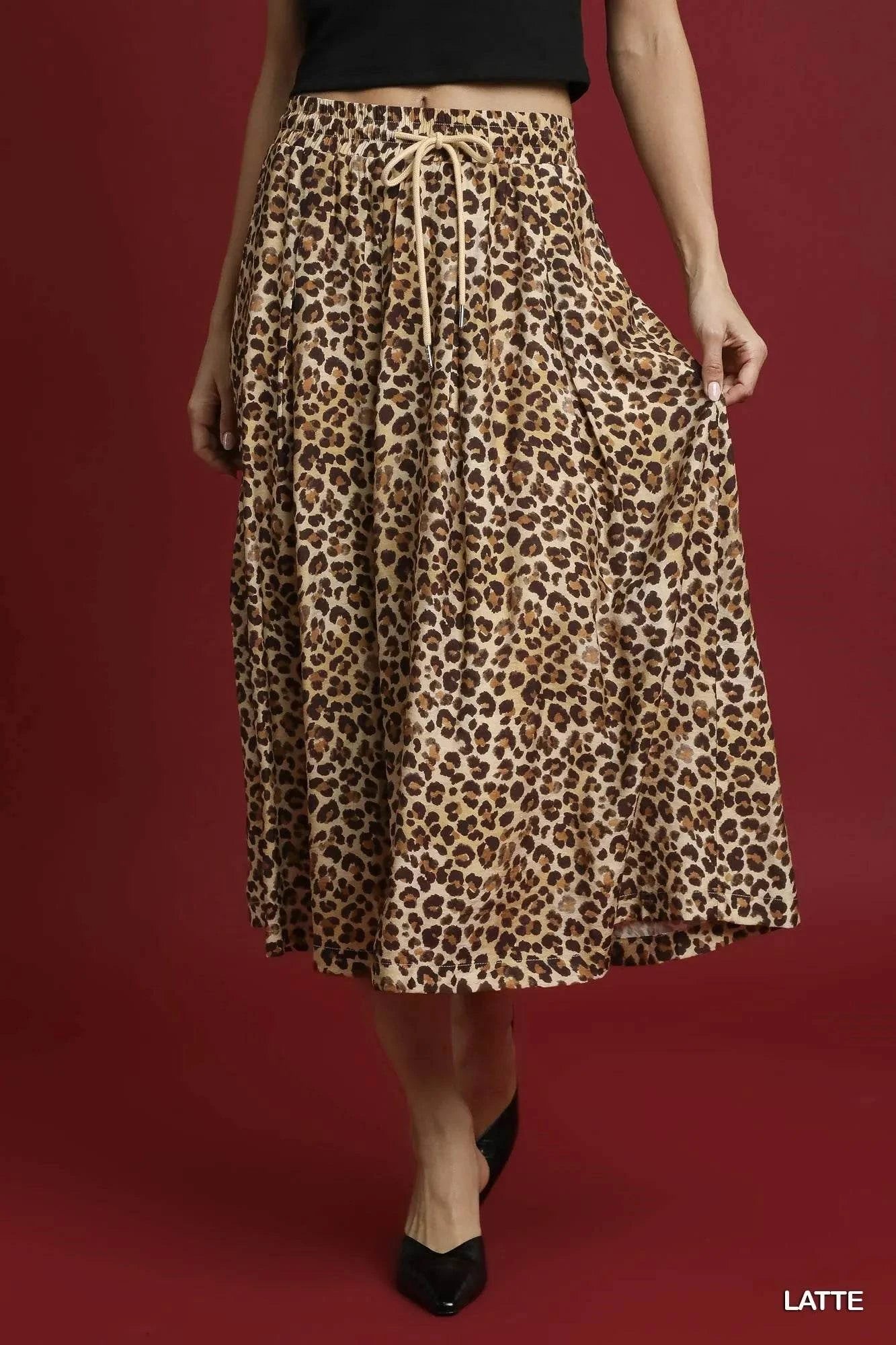 Umgee Drawstring Leopard Midi Skirt