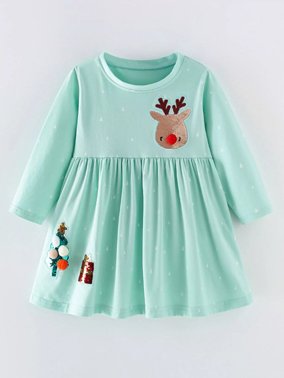 Children's Reindeer & Christmas Tree Sequin Long Sleeve Dress