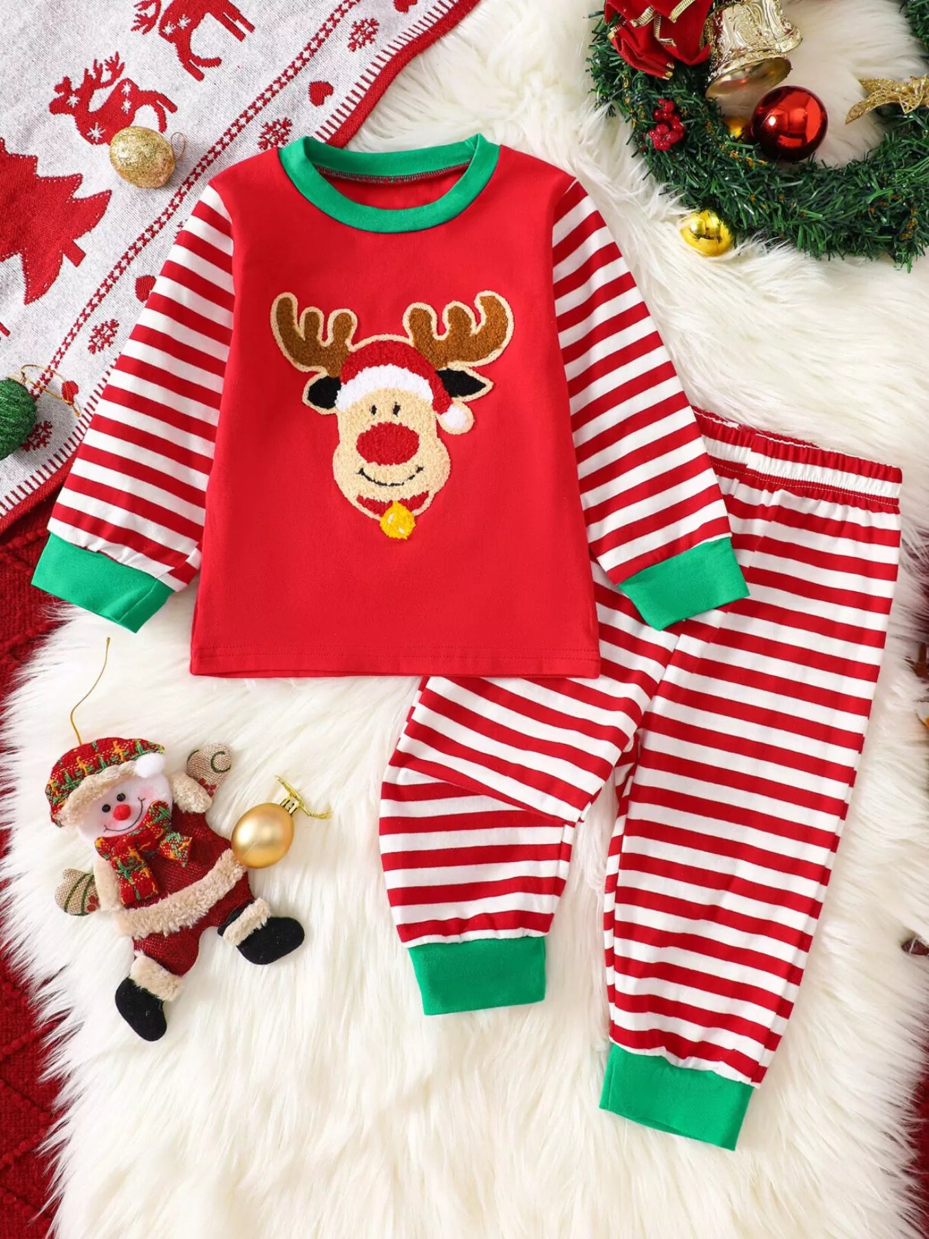 Children's Christmas Reindeer Striped Pajama Set