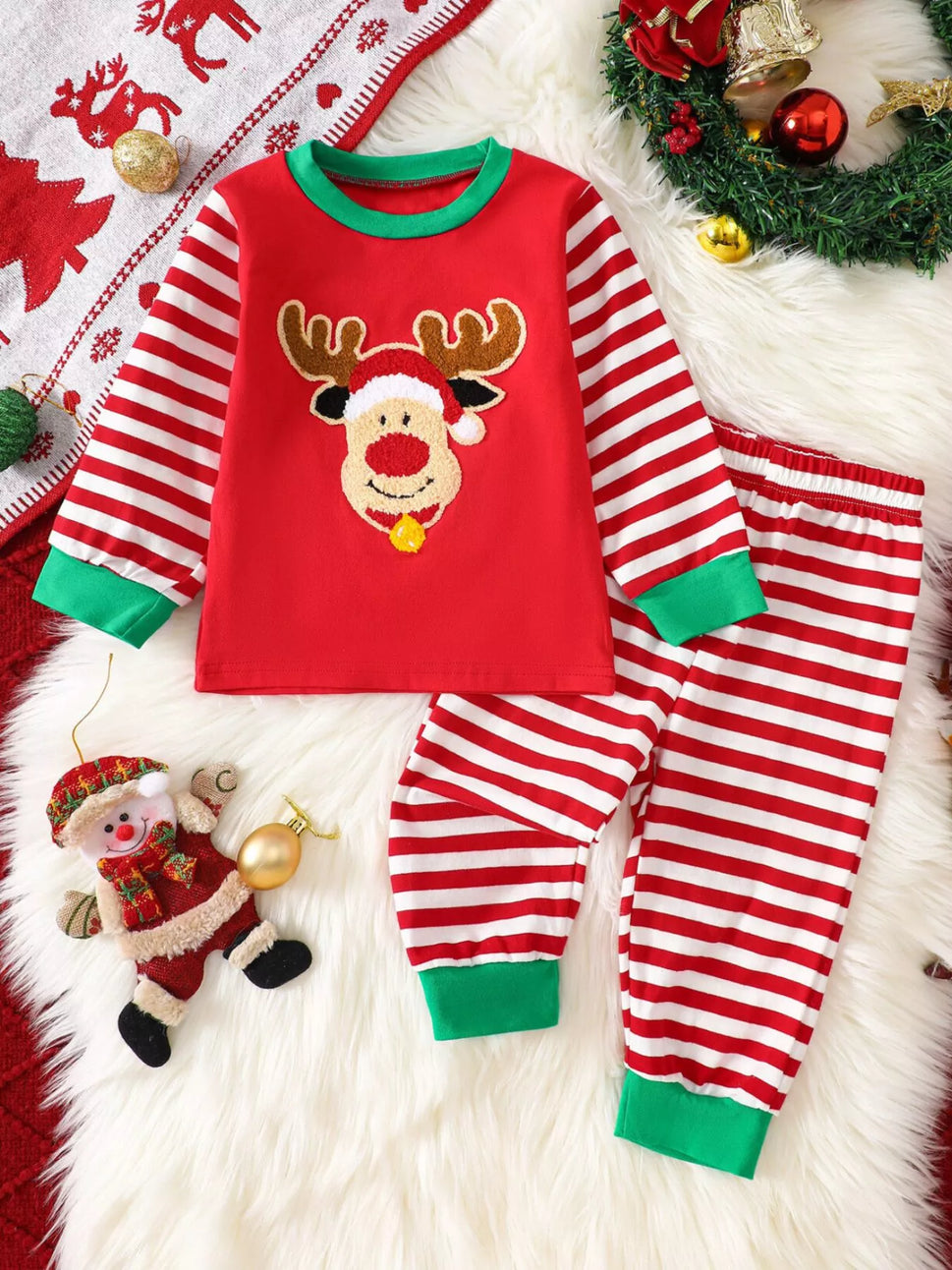 Children's Christmas Reindeer Striped Pajama Set