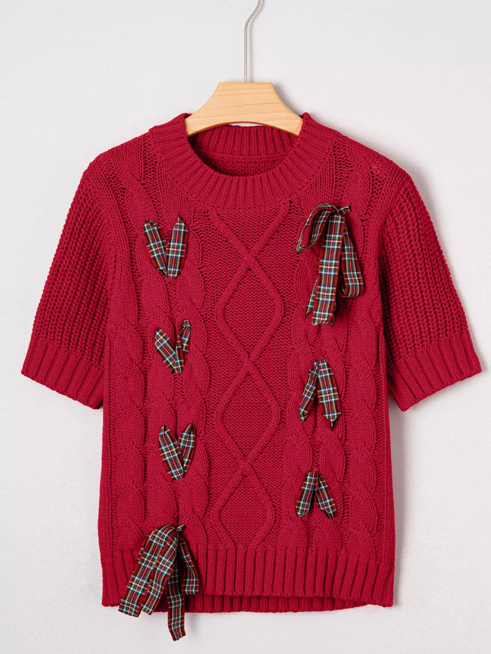 Plaid Lace Up Detail Christmas Holiday Puff Short Sleeve Sweater