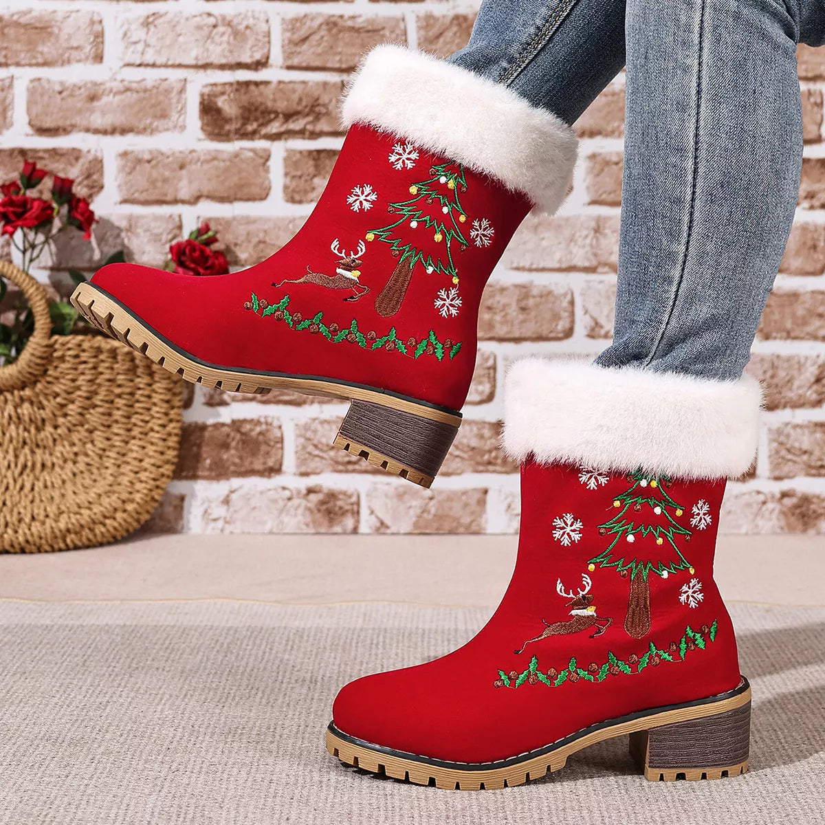 Christmas Embroidered Block Heel Ankle Boots
