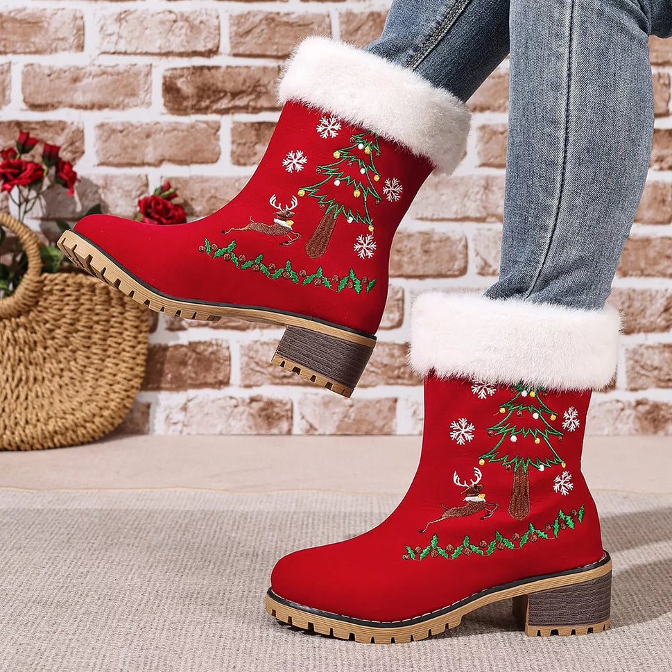 Christmas Embroidered Block Heel Ankle Boots