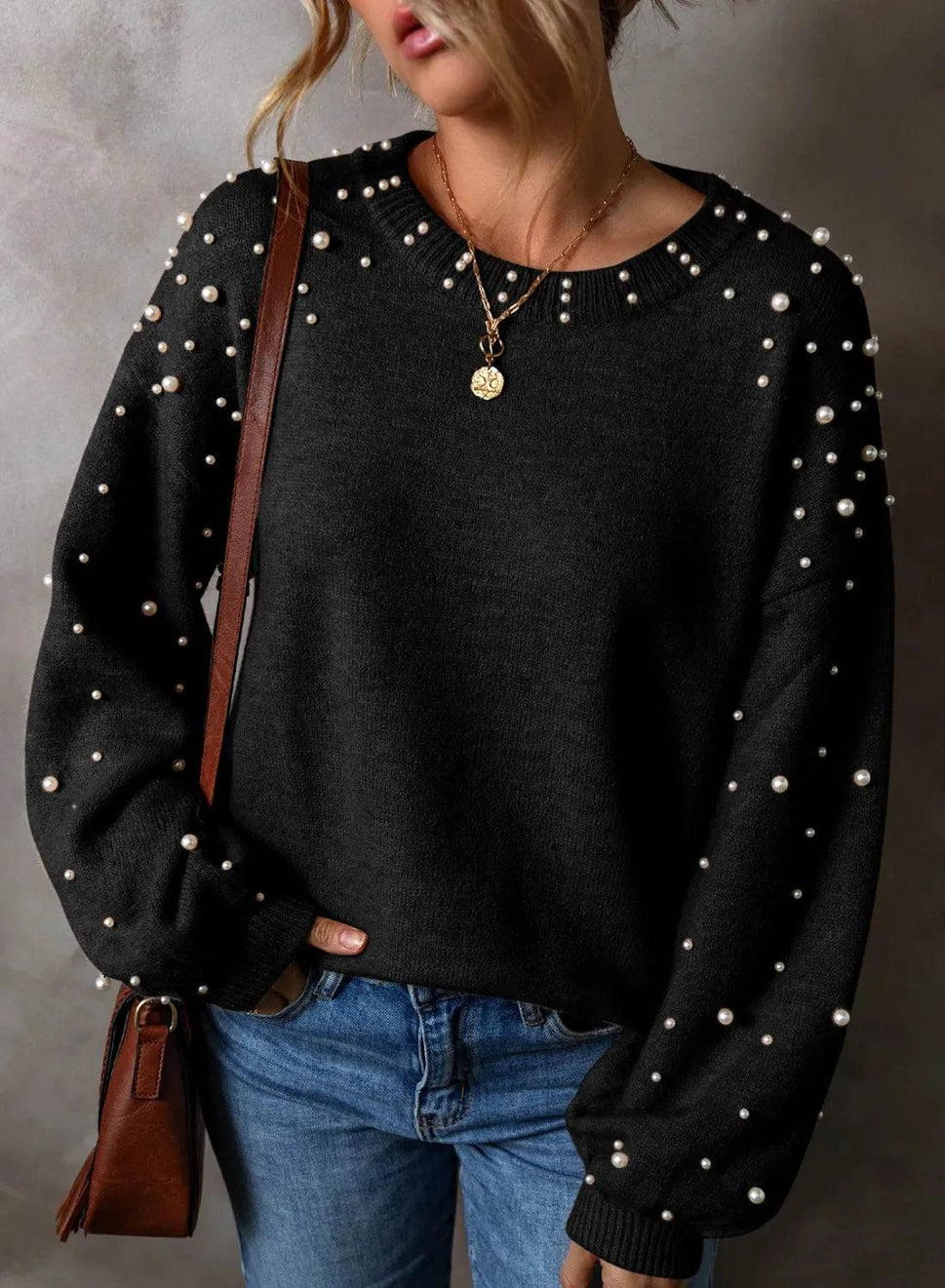 Pearl Detail Round Neck Long Sleeve Sweater