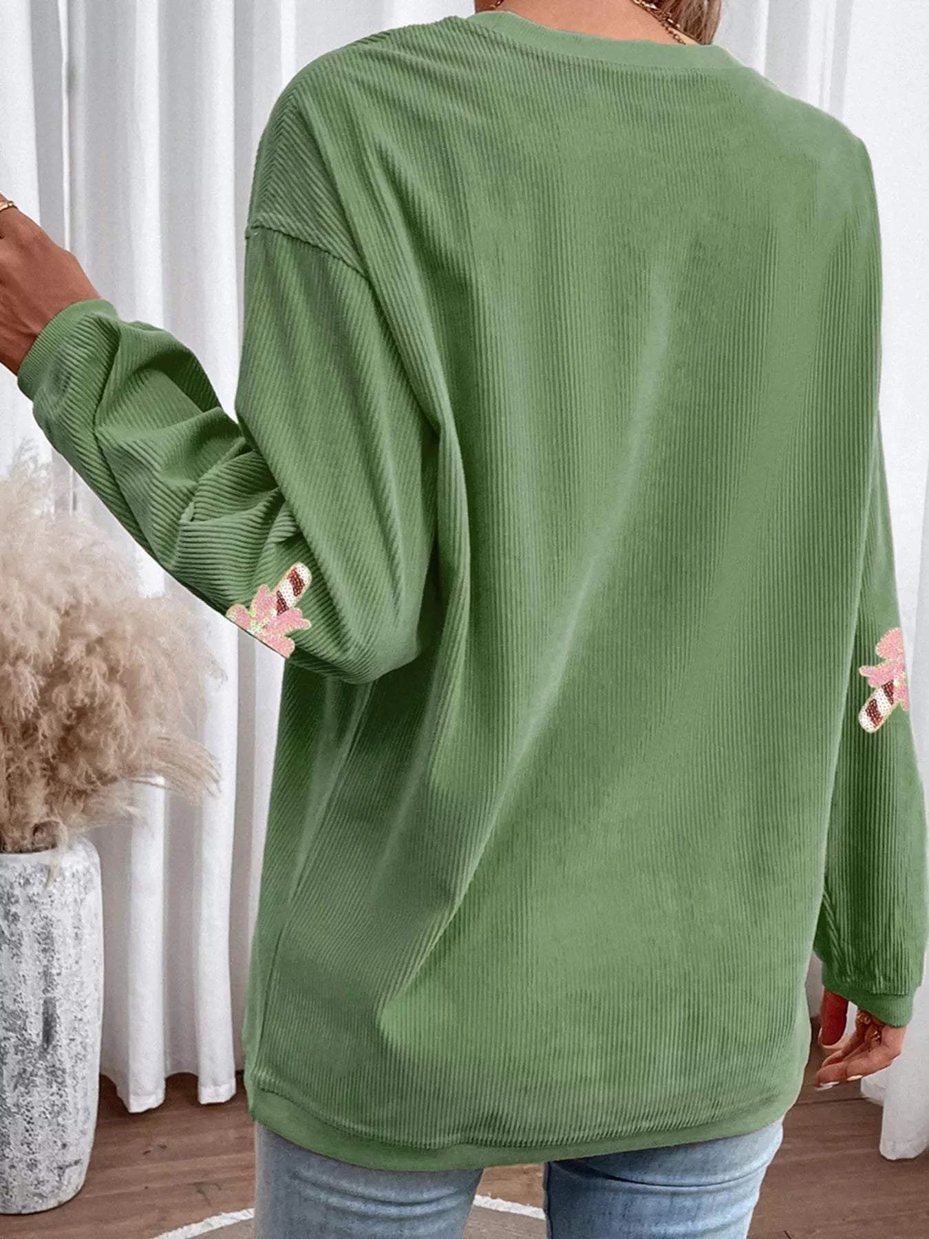 Christmas Sequin Candy Cane Patched Corded Ribbed Baggy Sweatshirt