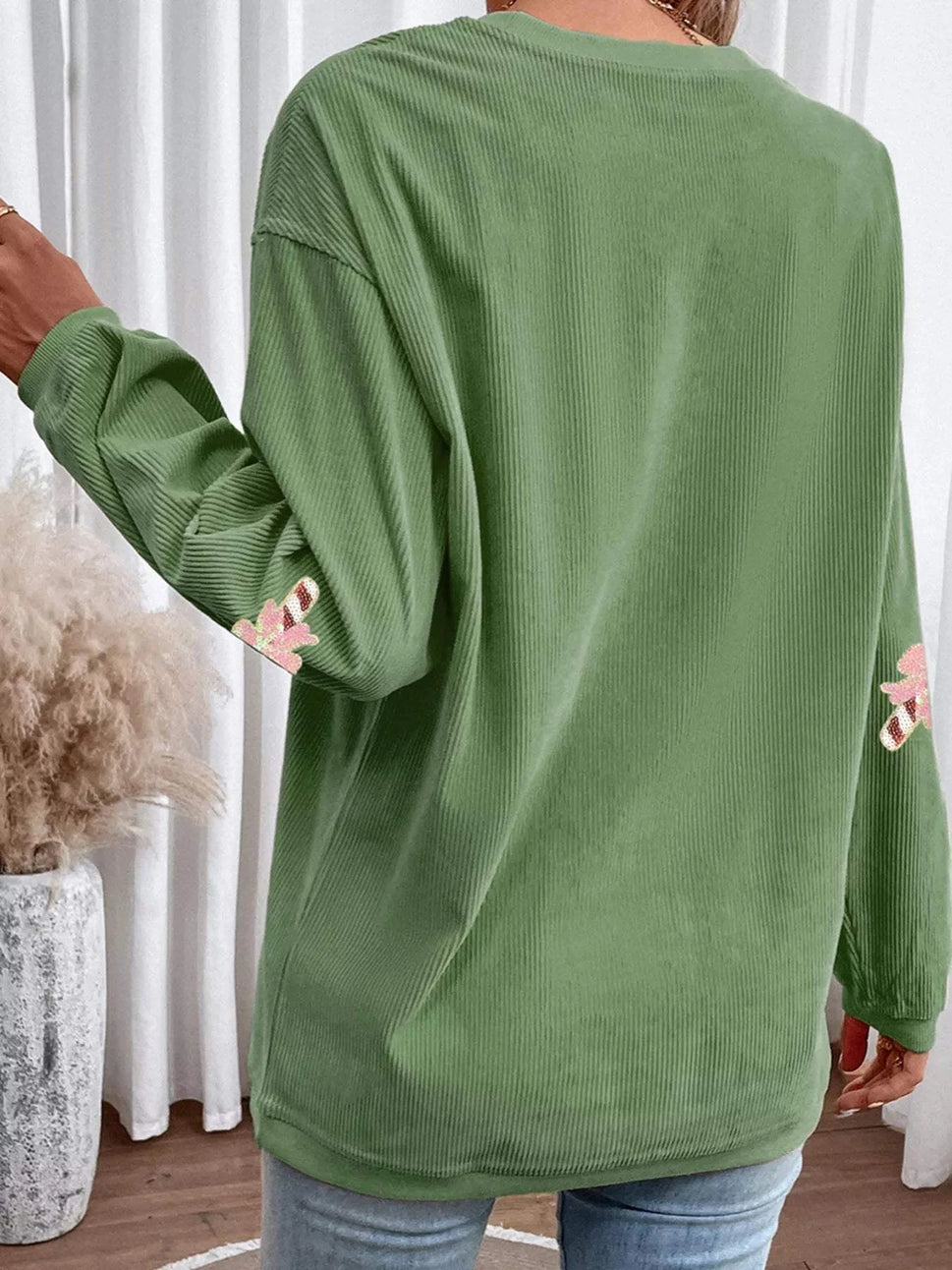 Christmas Sequin Candy Cane Patched Corded Ribbed Baggy Sweatshirt