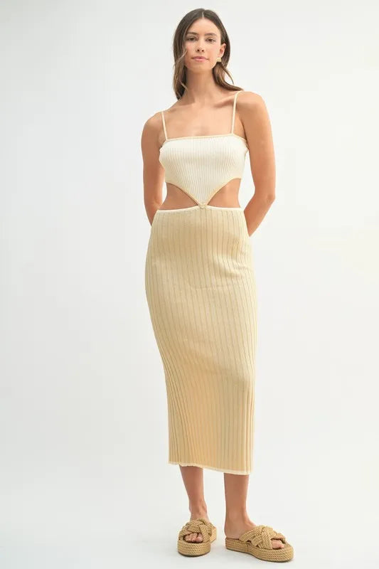 MABLE Ribbed Knit Color Block Cutout Midi Dress