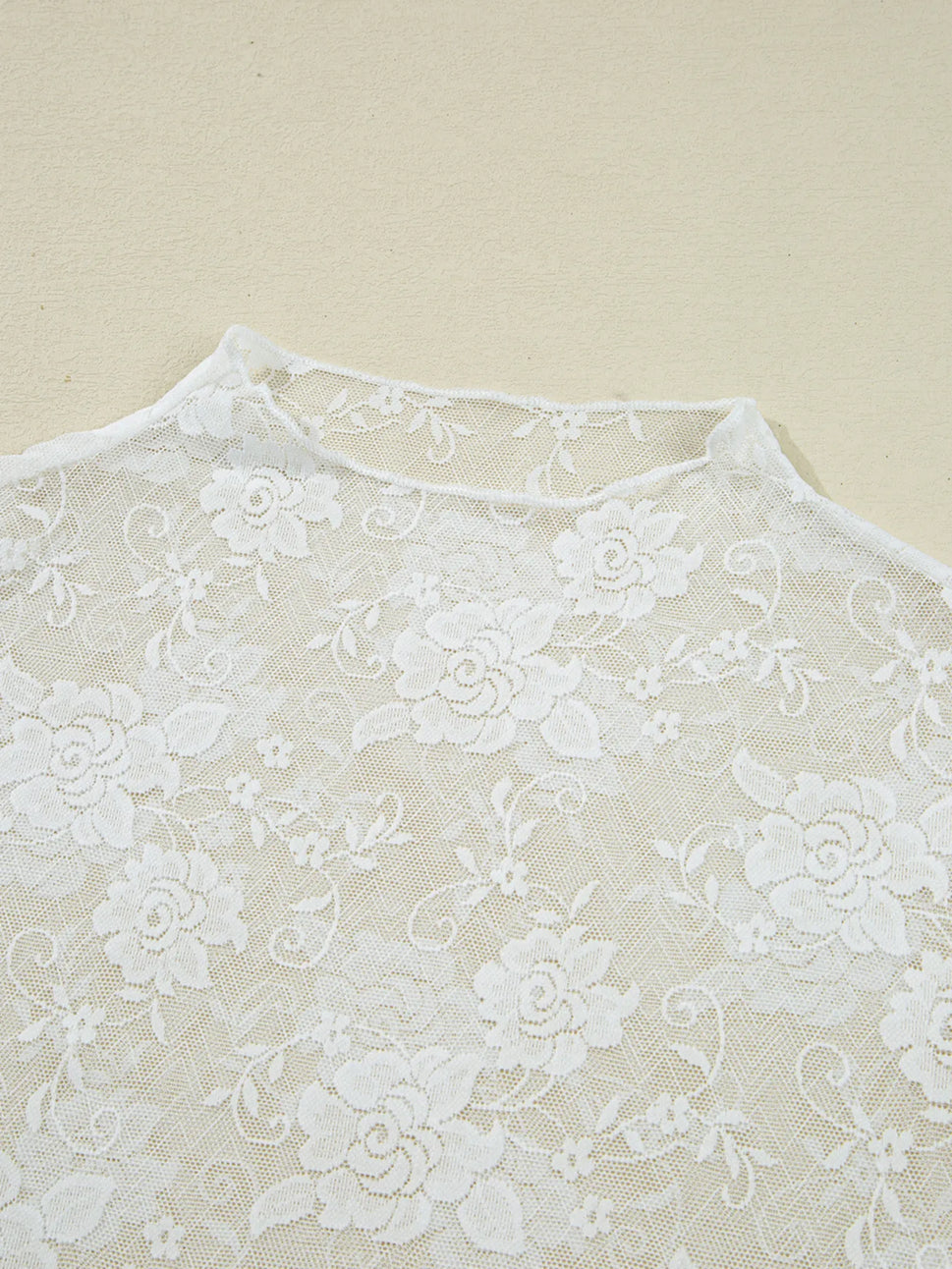Sheer Floral Lace Mesh Mock Neck Long Sleeve Top