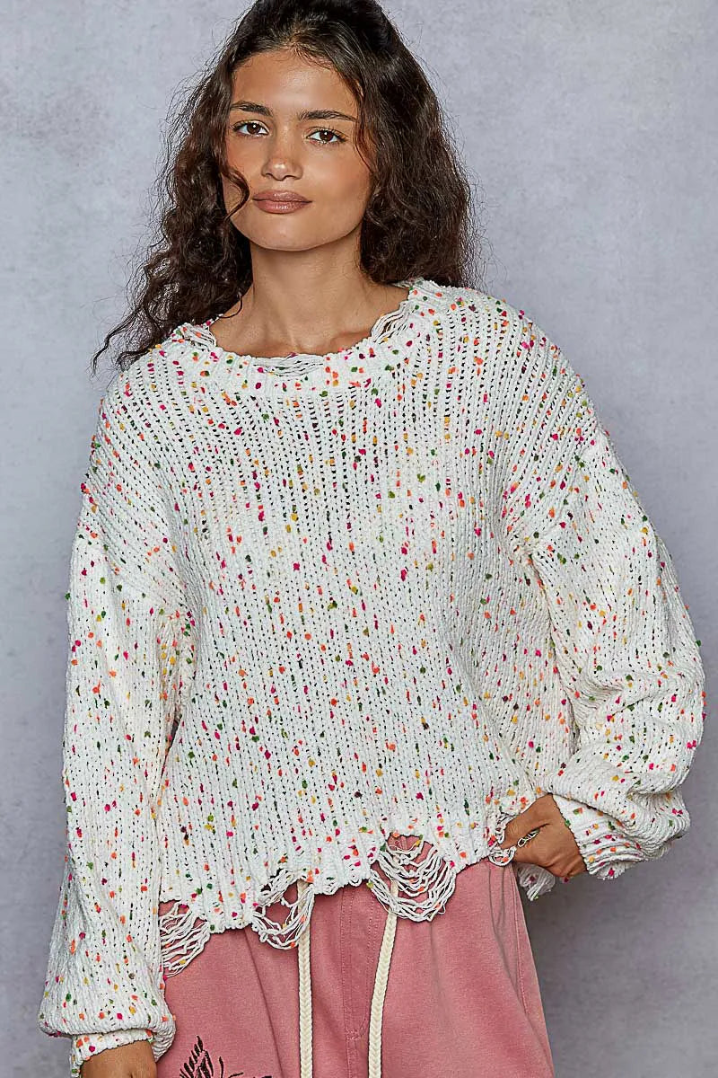 POL Round Neck Fringed Hem Sweater