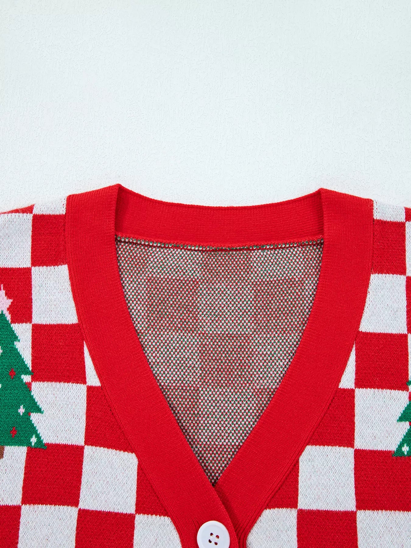 Christmas Tree Pattern Checkered Button V Neck Cardigan