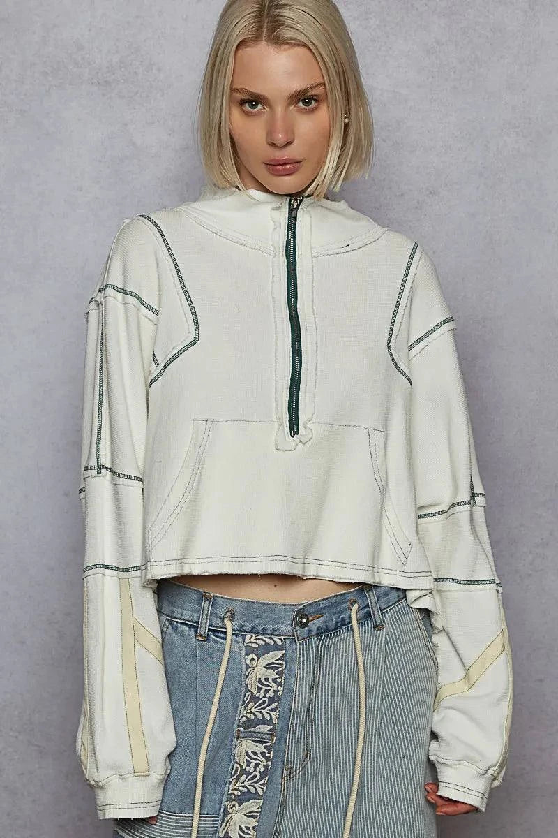 POL Contrast Stitching Zip Front Sweatshirt