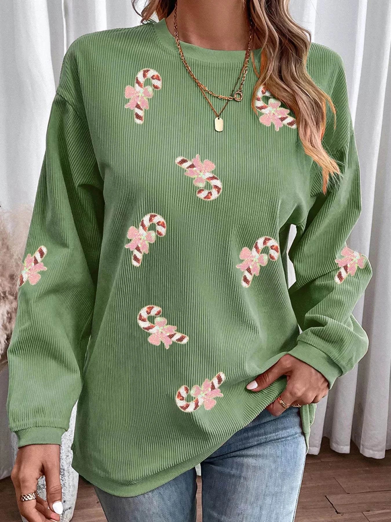 Christmas Sequin Candy Cane Patched Corded Ribbed Baggy Sweatshirt
