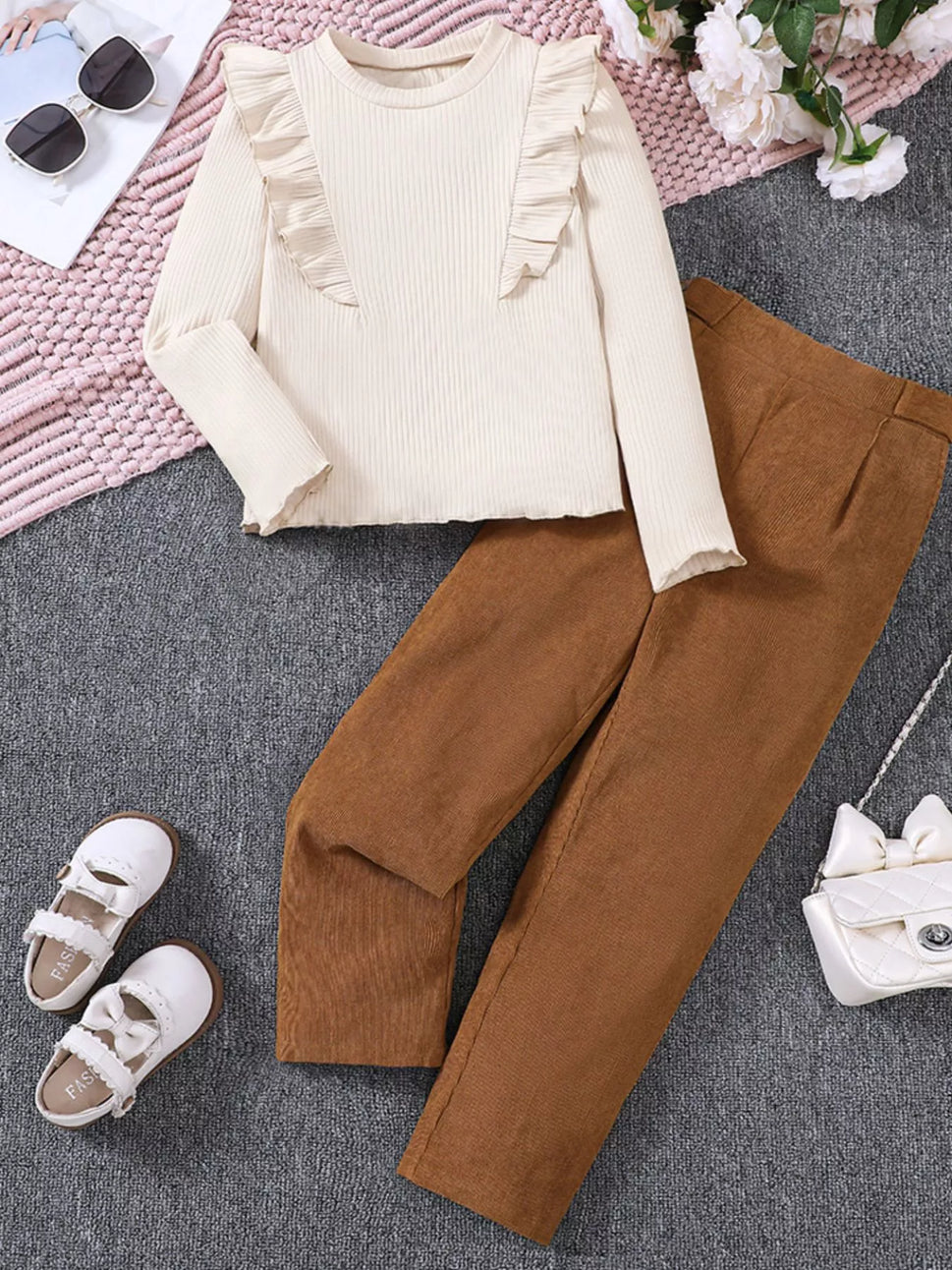 Children's Ruffle Trim Ribbed Top & Corduroy Pants Set