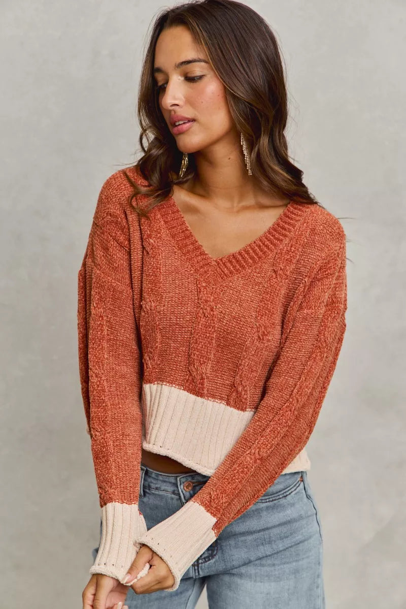 SO ME Chenille Cable Knit V Neck Contrast Cropped Sweater