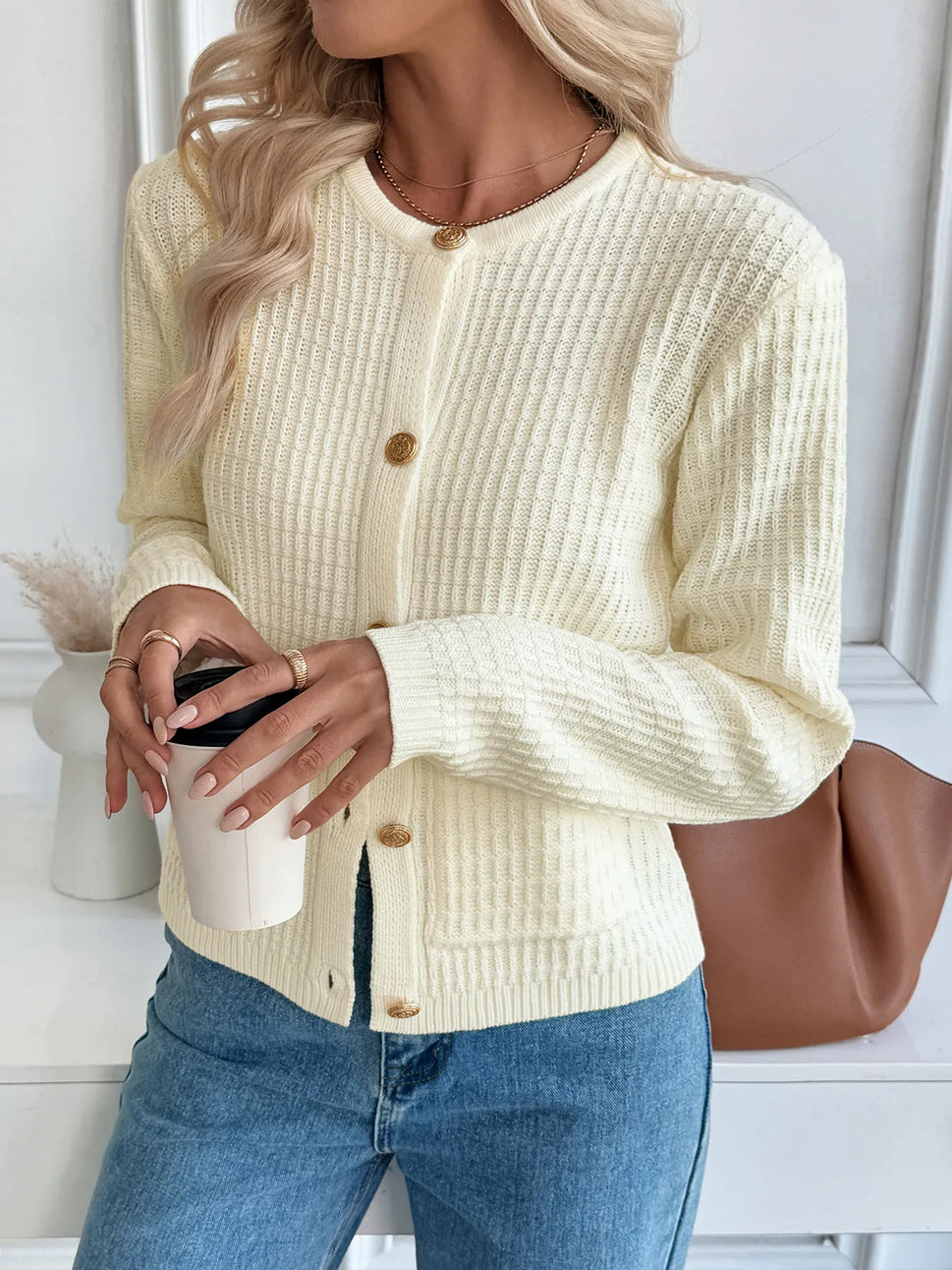 Button-Up Long Sleeve Cardigan with Pockets