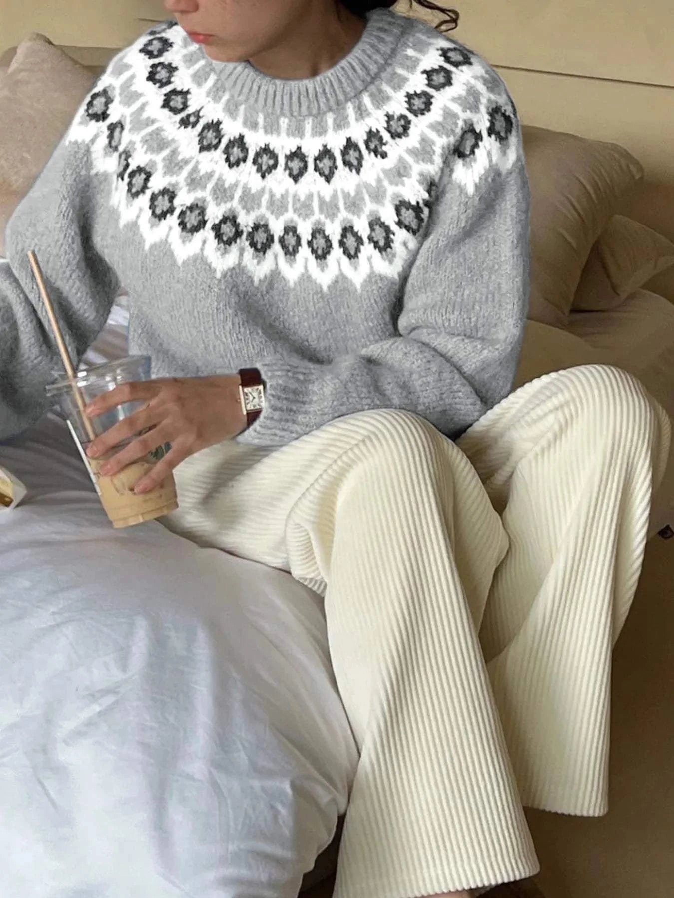 Nordic Fair Isle Pattern Round Neck Sweater