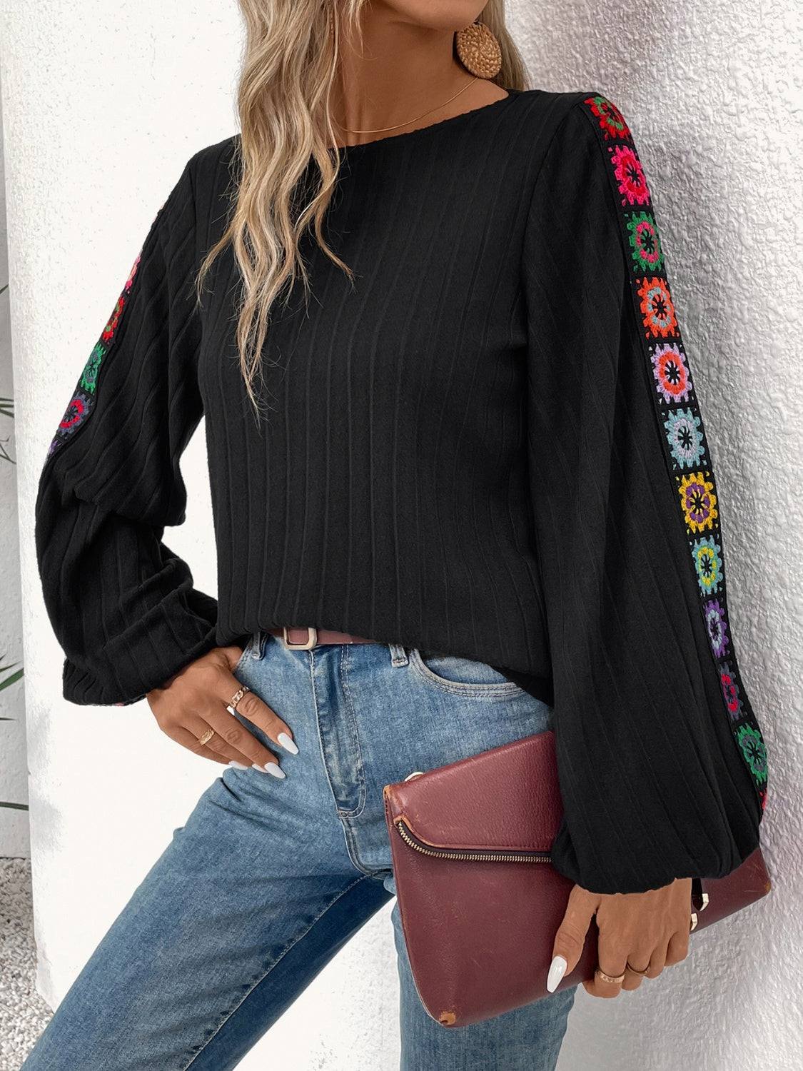 Embroidered Round Neck Long Sleeve Top