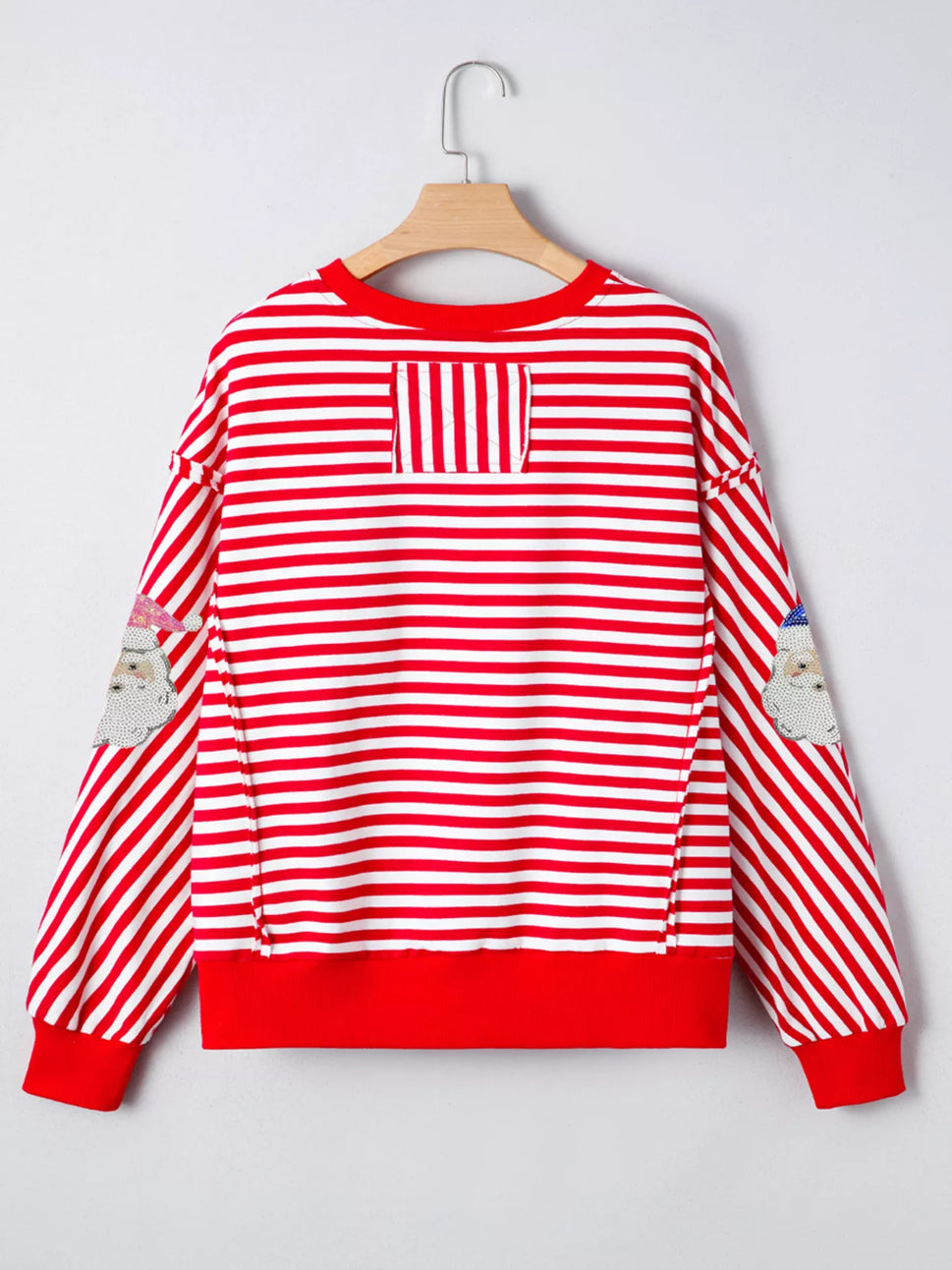 Stripe Sequin Santa Round Neck Raw Seam Detail Christmas Long Sleeve Top
