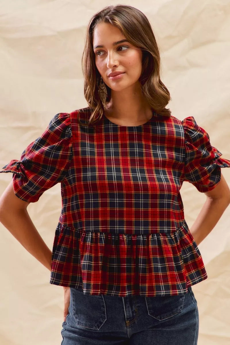 SO ME Christmas Holiday Plaid Ribbon Short Sleeves Top