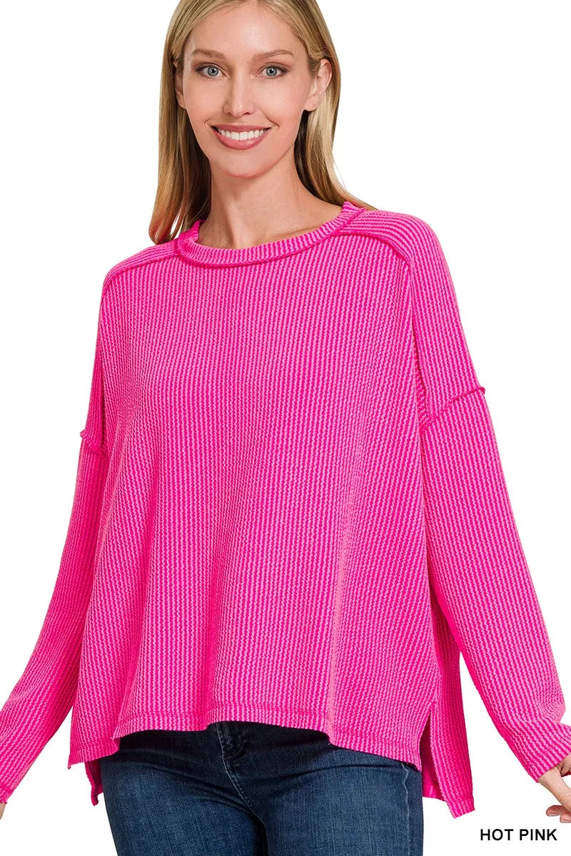 Zenana Exposed Seam Long Sleeve Corded Rib Knit Top
