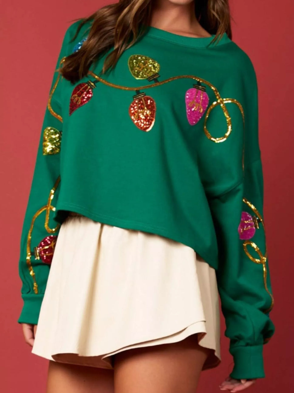 Christmas Holiday Lights Sequin Embellished Sweatshirt