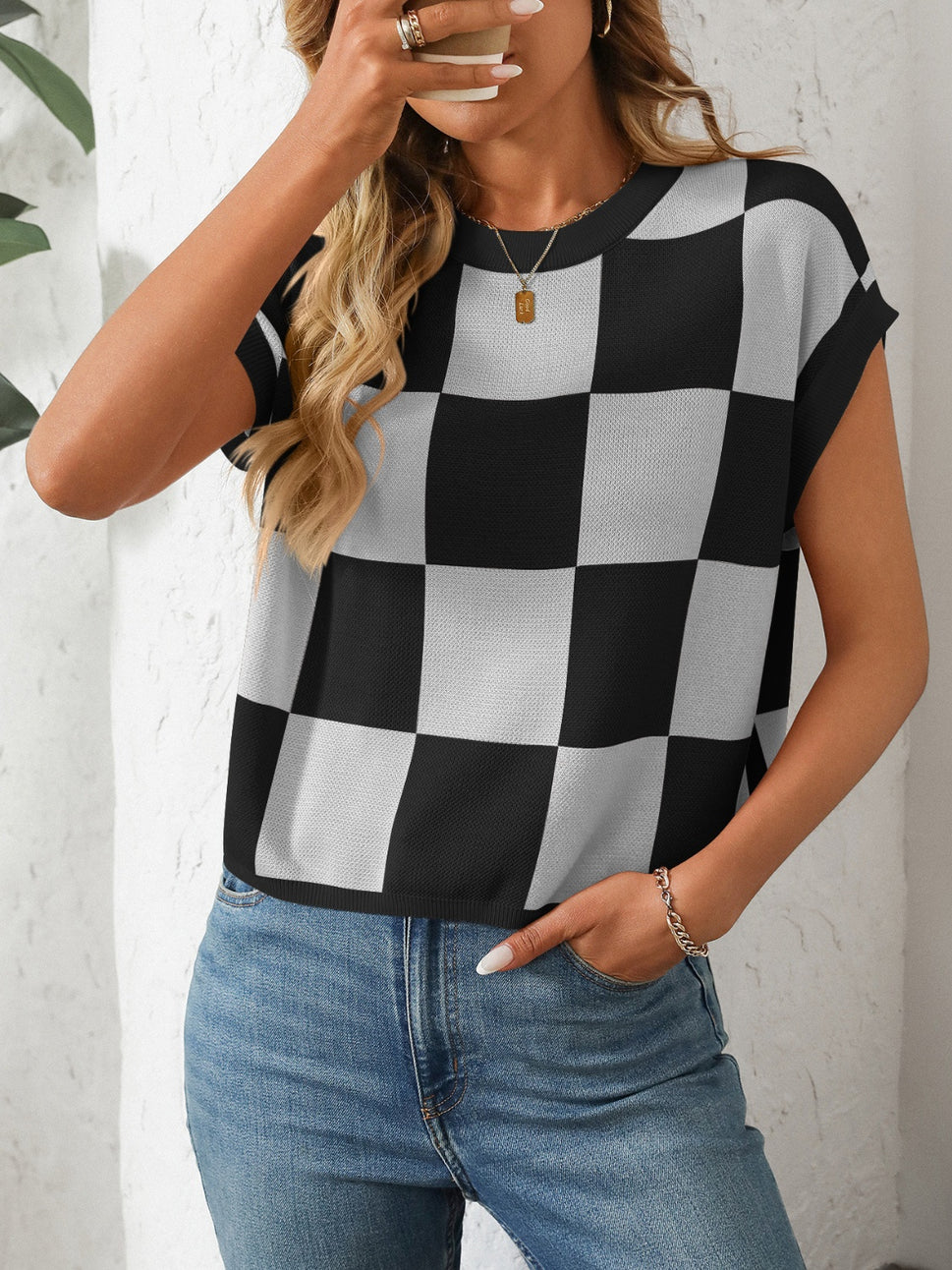 Mandy Checkered Round Neck Cap Sleeve Knit Top