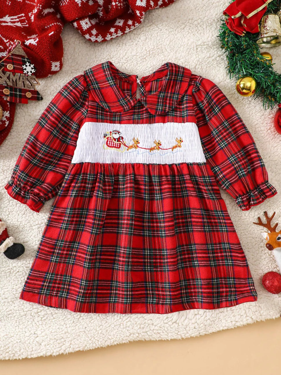 Children's Christmas Plaid Embroidered Smocked Dress