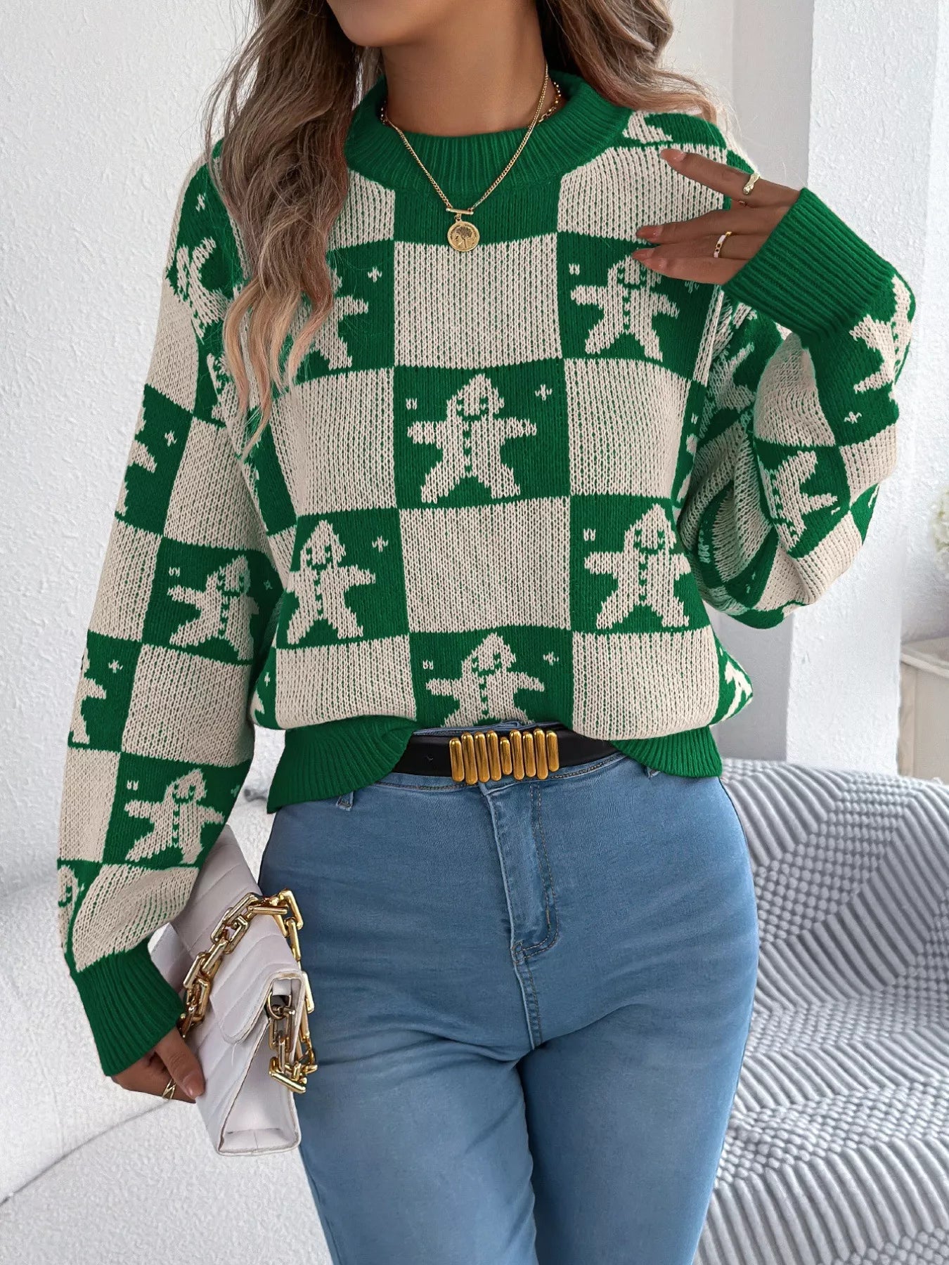 Christmas Checkerboard Gingerbread Round Neck Sweater