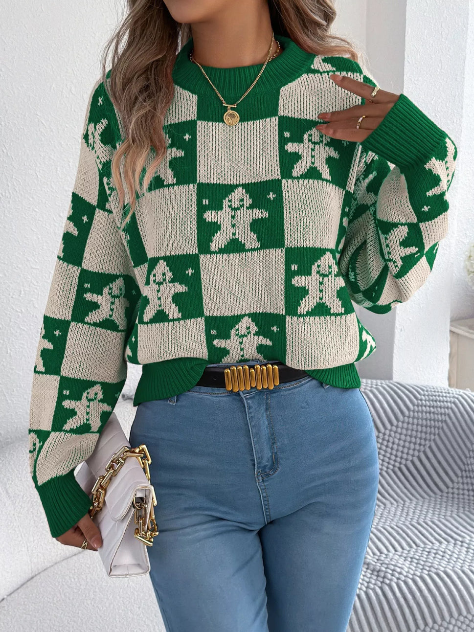 Christmas Checkerboard Gingerbread Round Neck Sweater