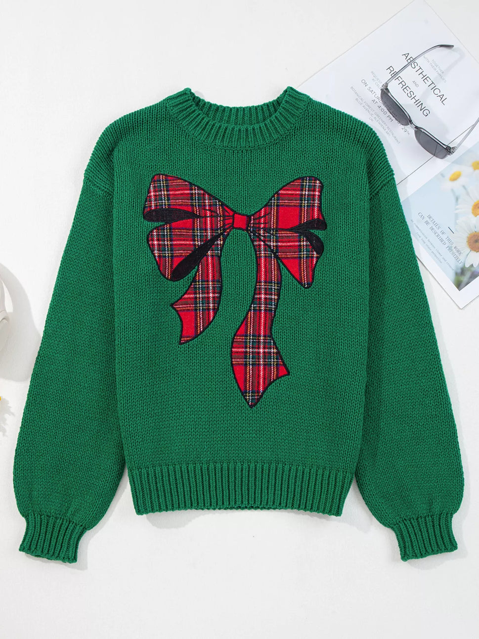 Plaid Bow Graphic Christmas Sweater
