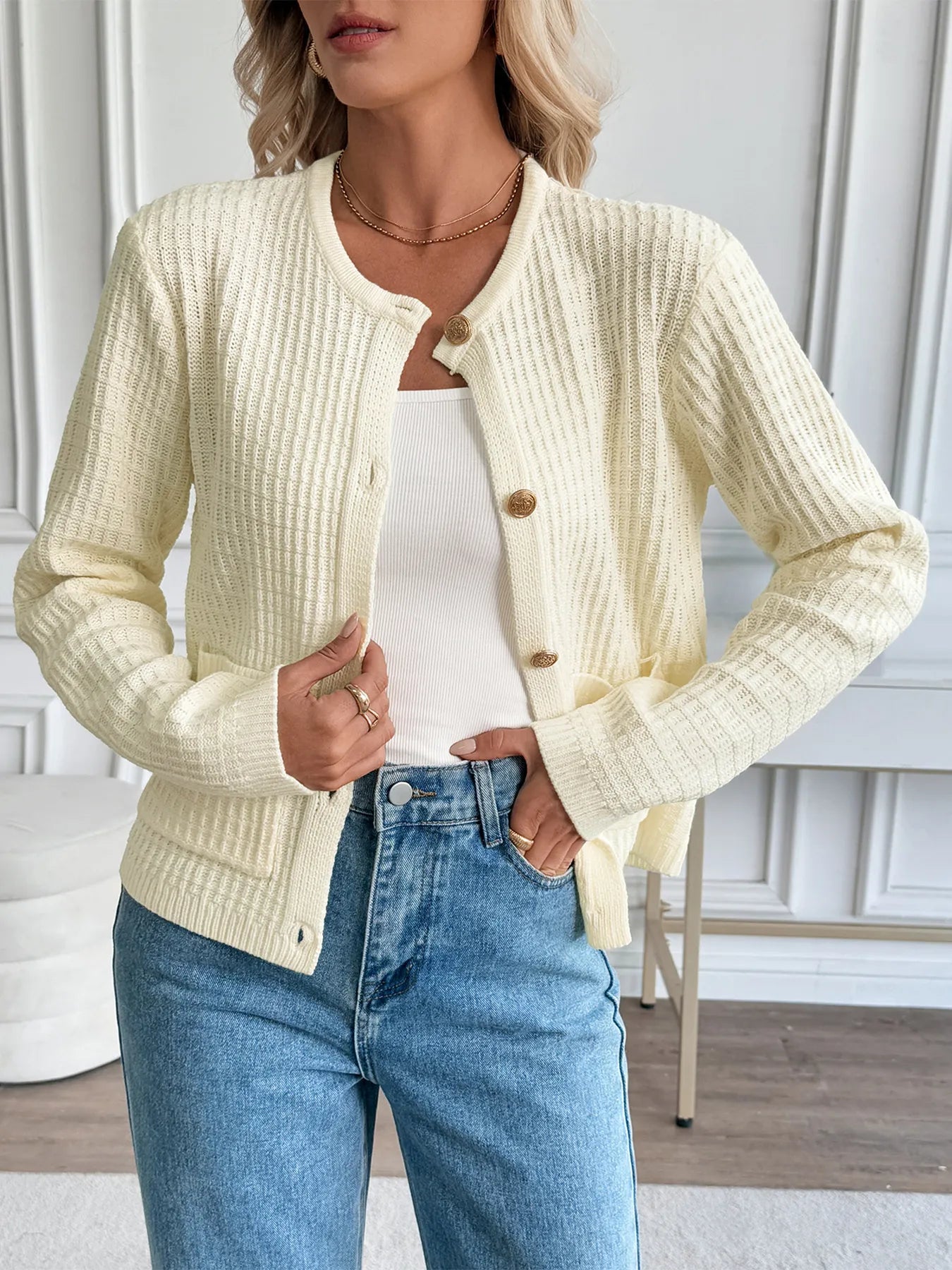 Button-Up Long Sleeve Cardigan with Pockets