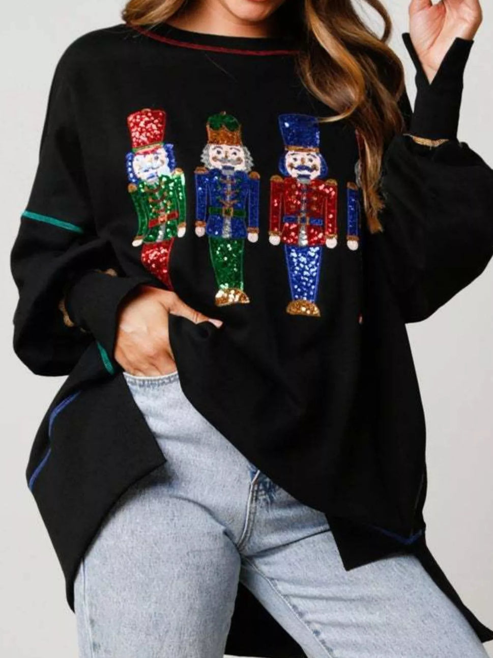 Christmas Nutcracker Sequin Round Neck Sweatshirt