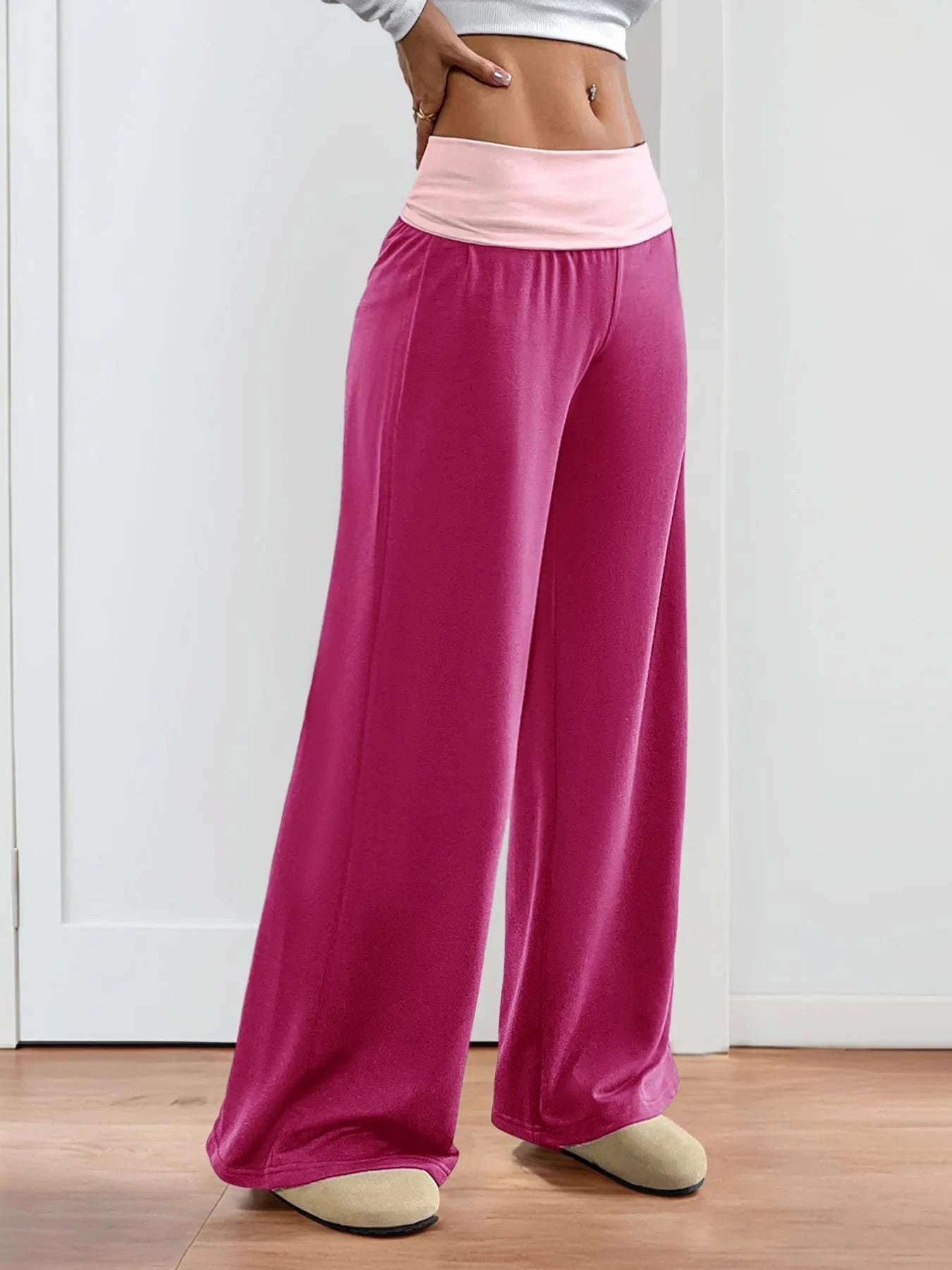 Contrast Waistband Wide Leg Pants
