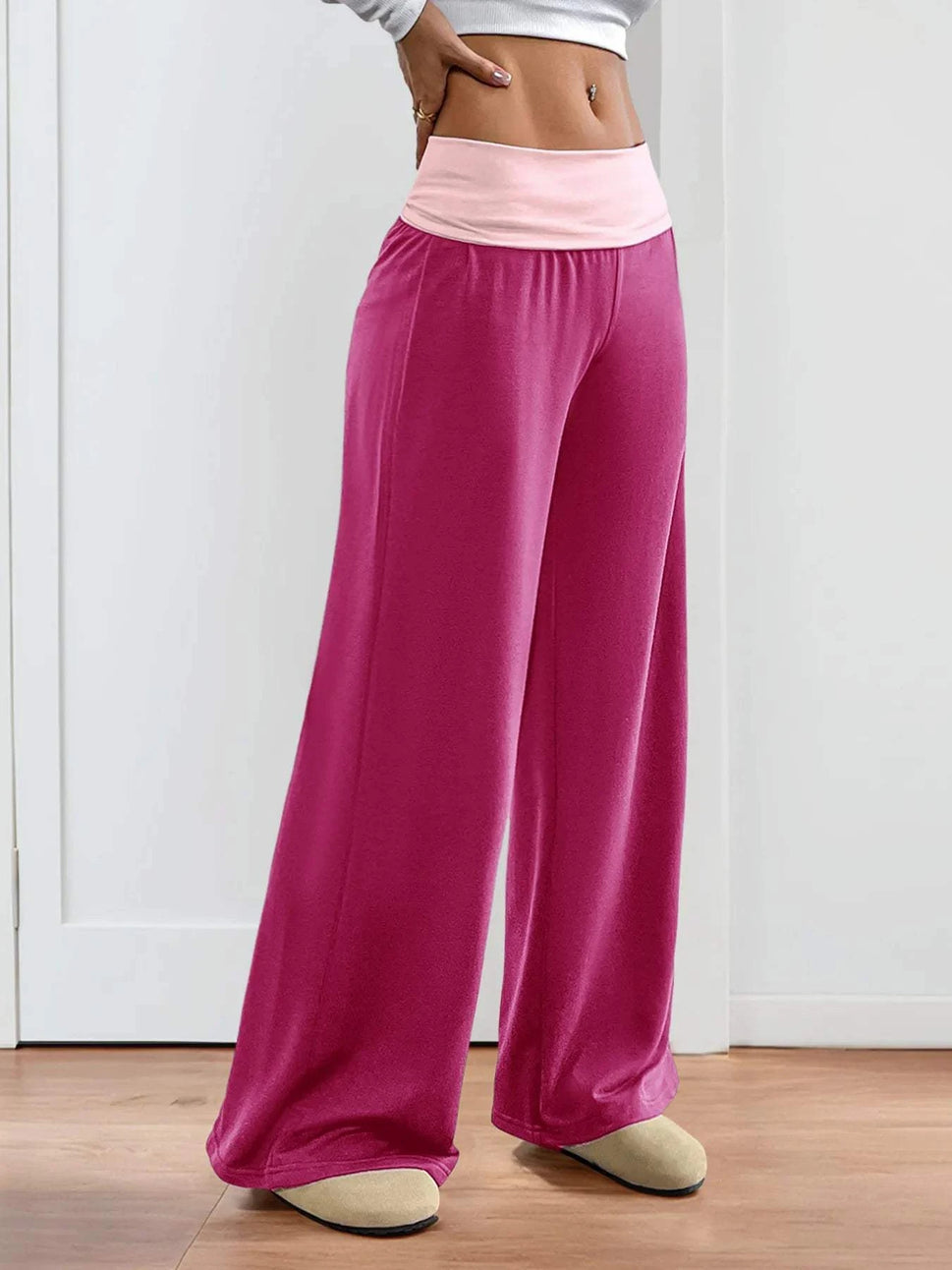 Contrast Waistband Wide Leg Pants