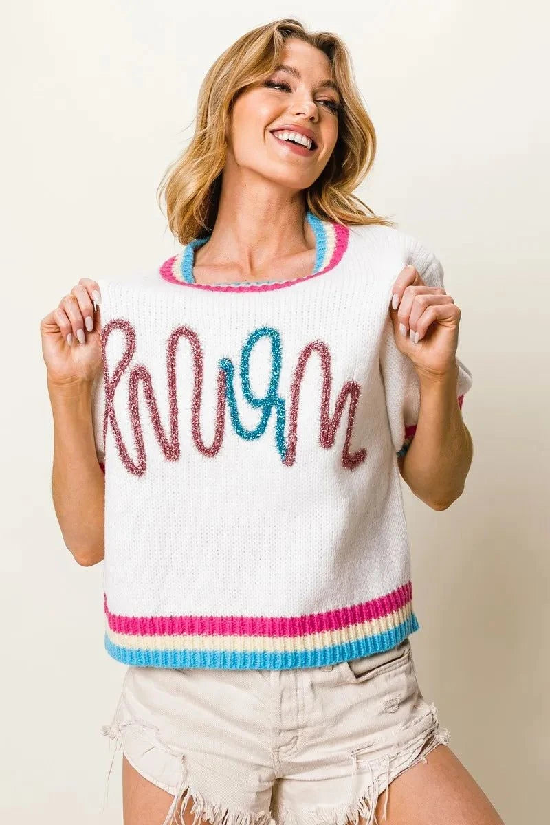BiBi Metallic Letter Short Puff Sleeve Sweater
