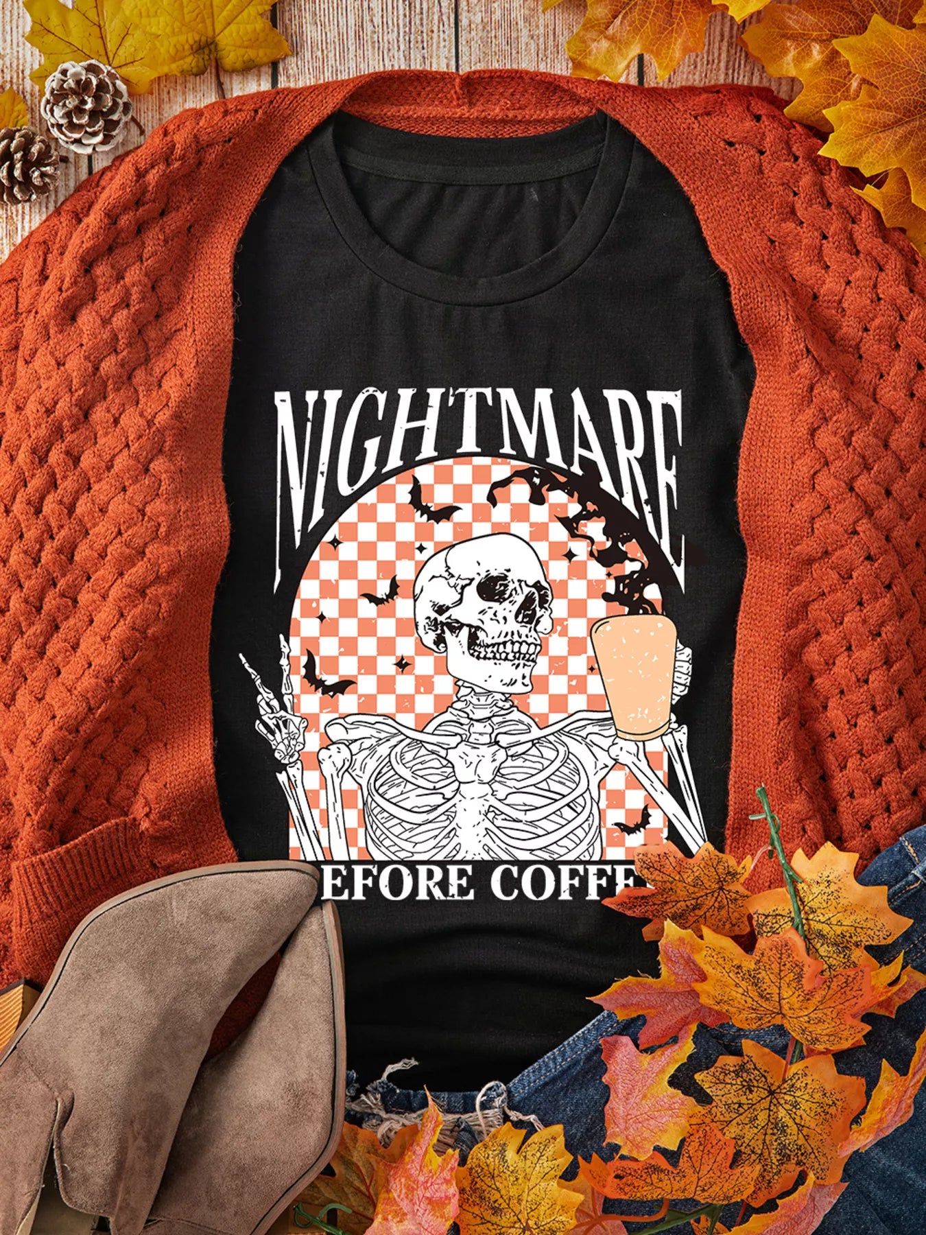 Halloween Skull Checkerboard Graphic Round Neck T-Shirt