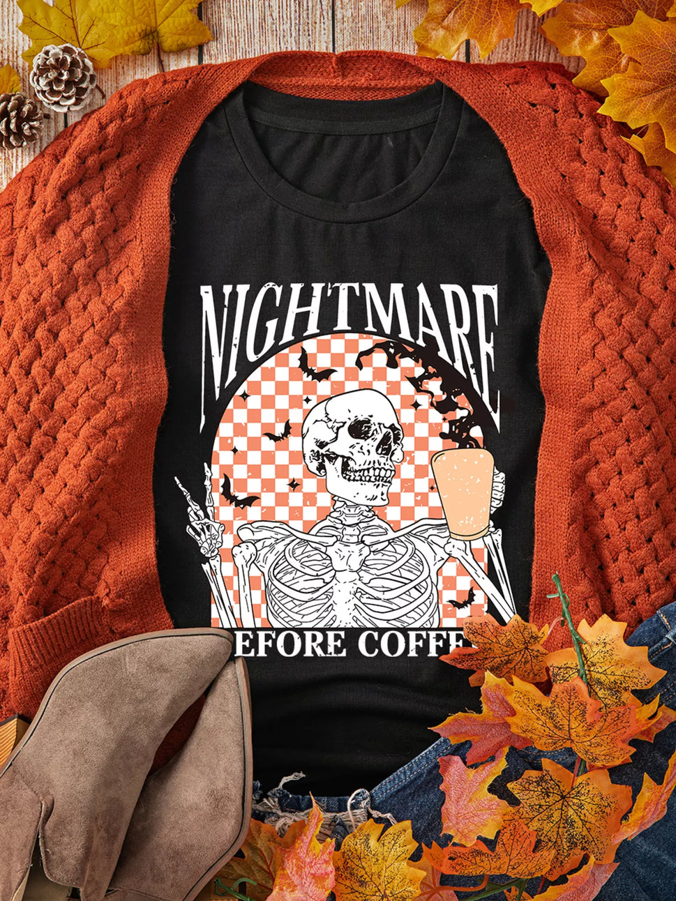 Halloween Skull Checkerboard Graphic Round Neck T-Shirt